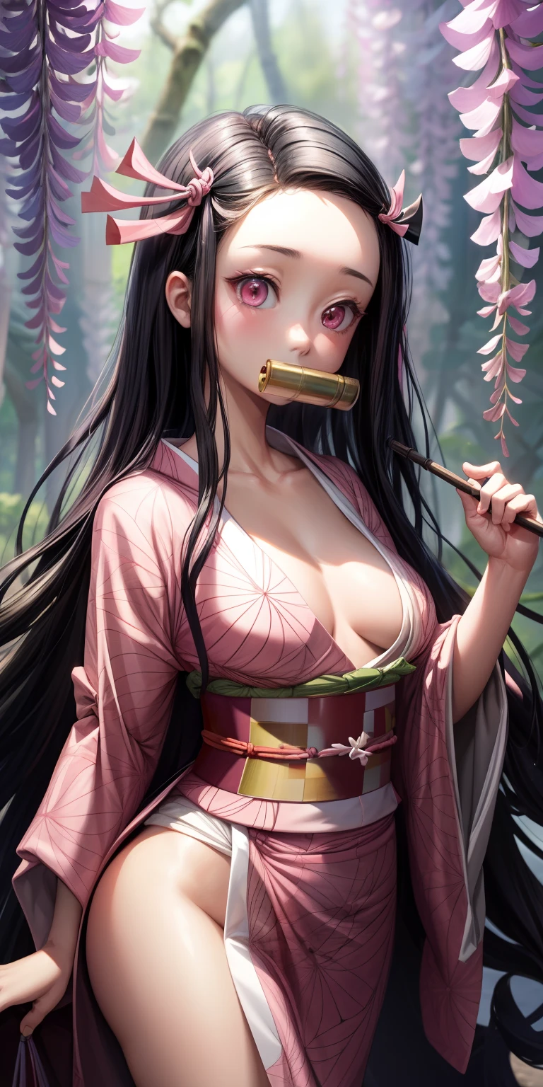 masterpiece, (pink kimono), seductive face, good lighting, décolleté, fine details, masterpiece, glowing eyes, 1girl, black hair, gag, bamboo, Nezuko Kamado, wisteria background, masterpiece, best quality, POV, whole body, wide hips,