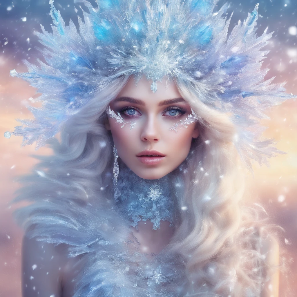 Portrait of a Young Woman, ice princess, with big ice crystals and snow in her hair, cool winter colors, ultra-offers HD quality