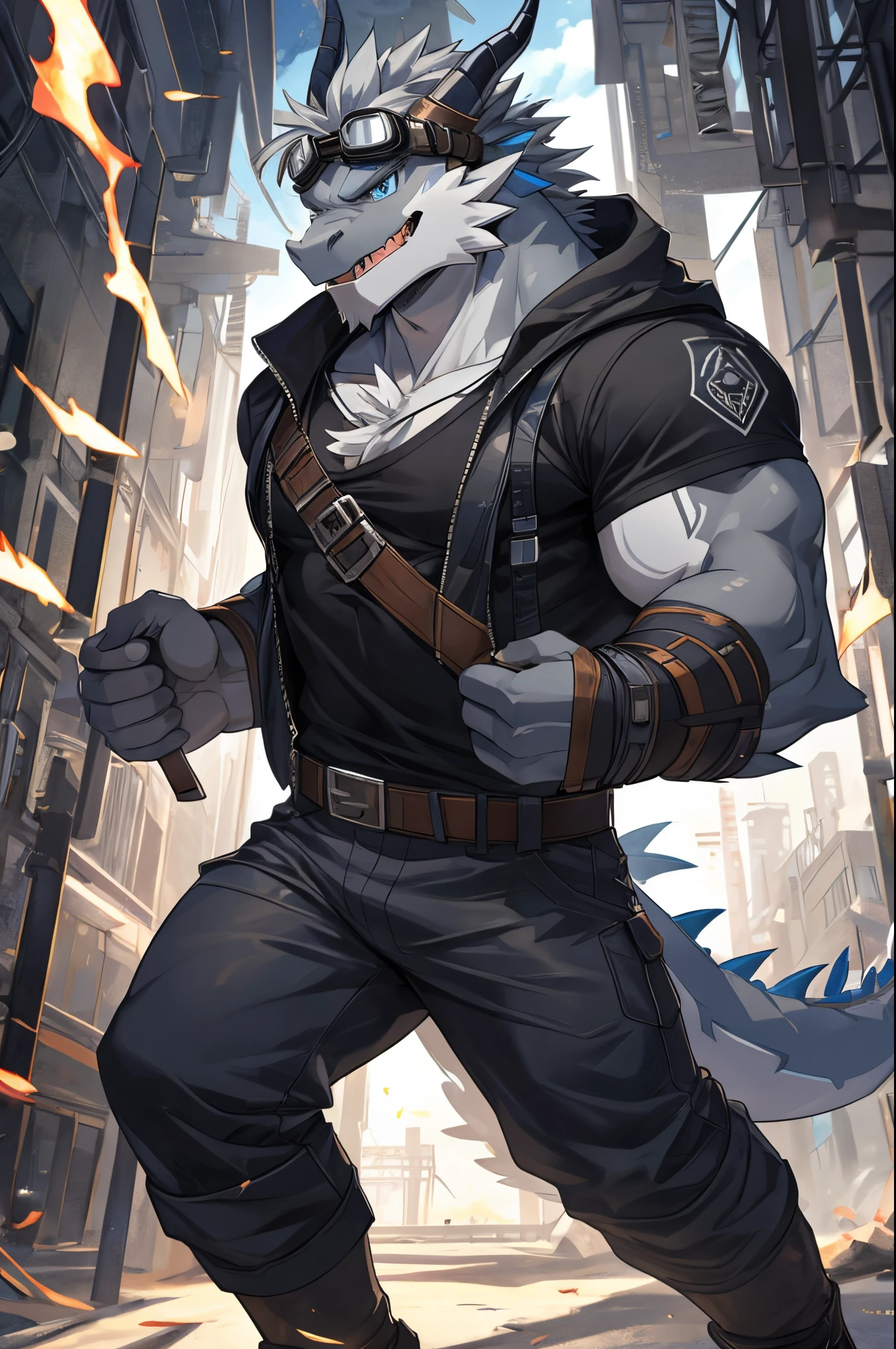 Masterpiece, Solo, Cool Pose, Furry Gray Dragon, Medium Muscular Body, Blue Eyes, Grey Medium Hair, Combat Black Shirt, Combat Short Pants, Fierce, Manly, Goggles, Charming, Joy Expression, Good looking