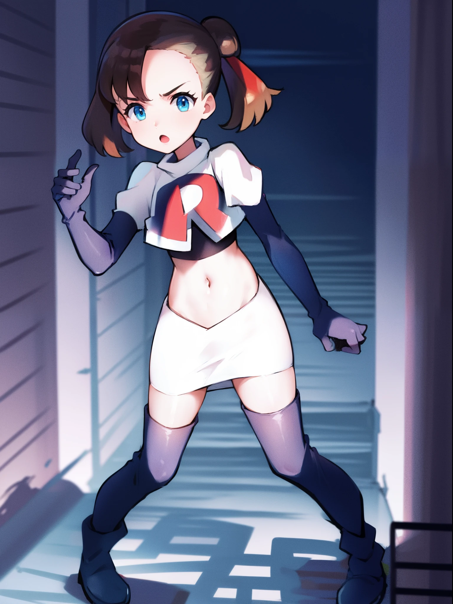 pokemonmarnie,team rocket,team rocket uniform,white skirt,crop top,black thigh-high boots,black elbow gloves,