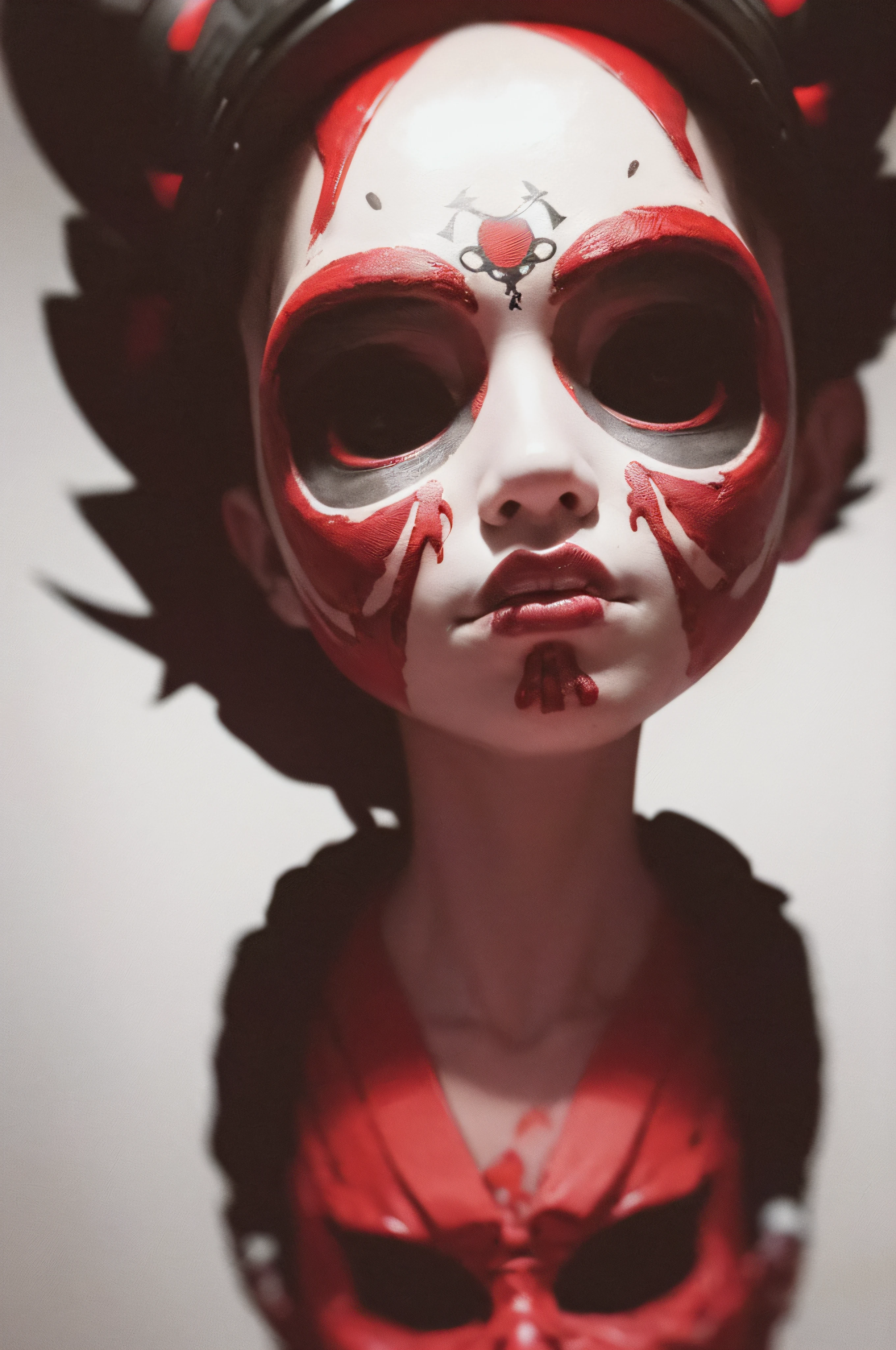 "(The best lighting, oscuro, dramatic),(feto calavera geisha escupiendo tinta roja, Cicatrices, sexy, cerebro, sangre, una rata dentro de la cabeza, terror.),(ojos rojos, calaveras). volumetric light.