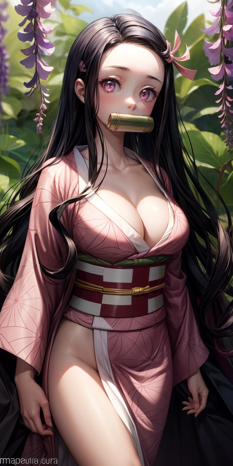 masterpiece, (pink kimono), seductive face, good lighting, décolleté, fine details, masterpiece, glowing eyes, 1girl, black hair, gag, bamboo, Nezuko Kamado, wisteria background, masterpiece, best quality, POV, whole body, wide hips,