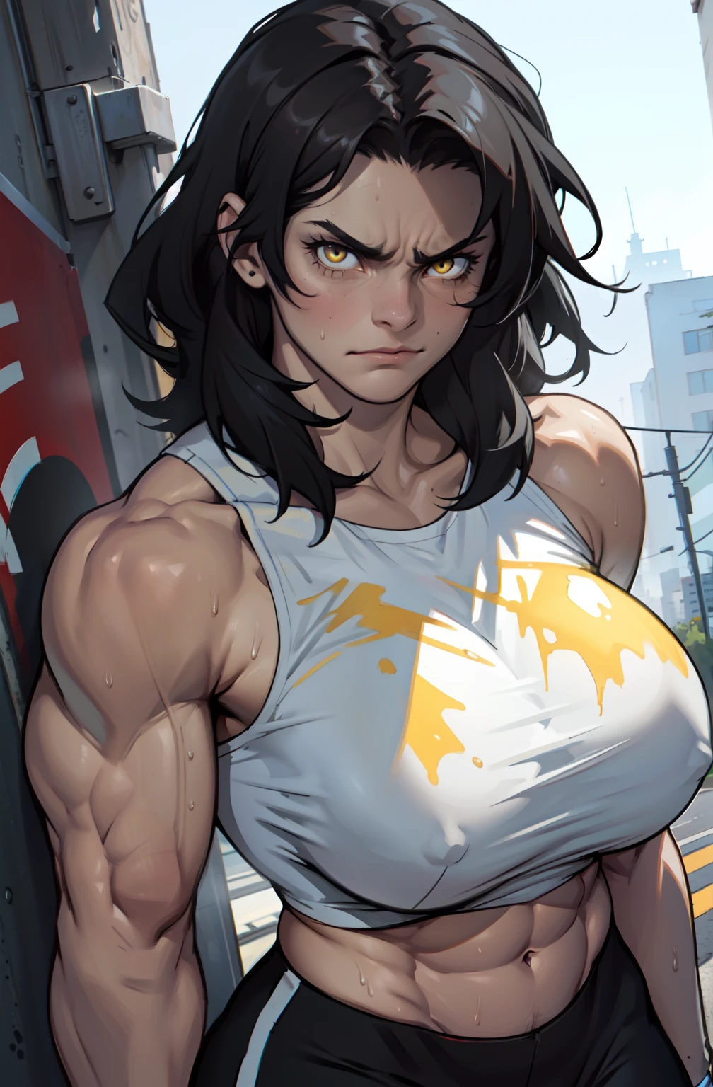 ((1 girl)), solo, ((muscular)), veins, black hair, yellow eyes, pale skin, strong, veins, abs, (huge breasts), frowning, (((UHD best quality 16k masterpiece))) sweaty messy hair