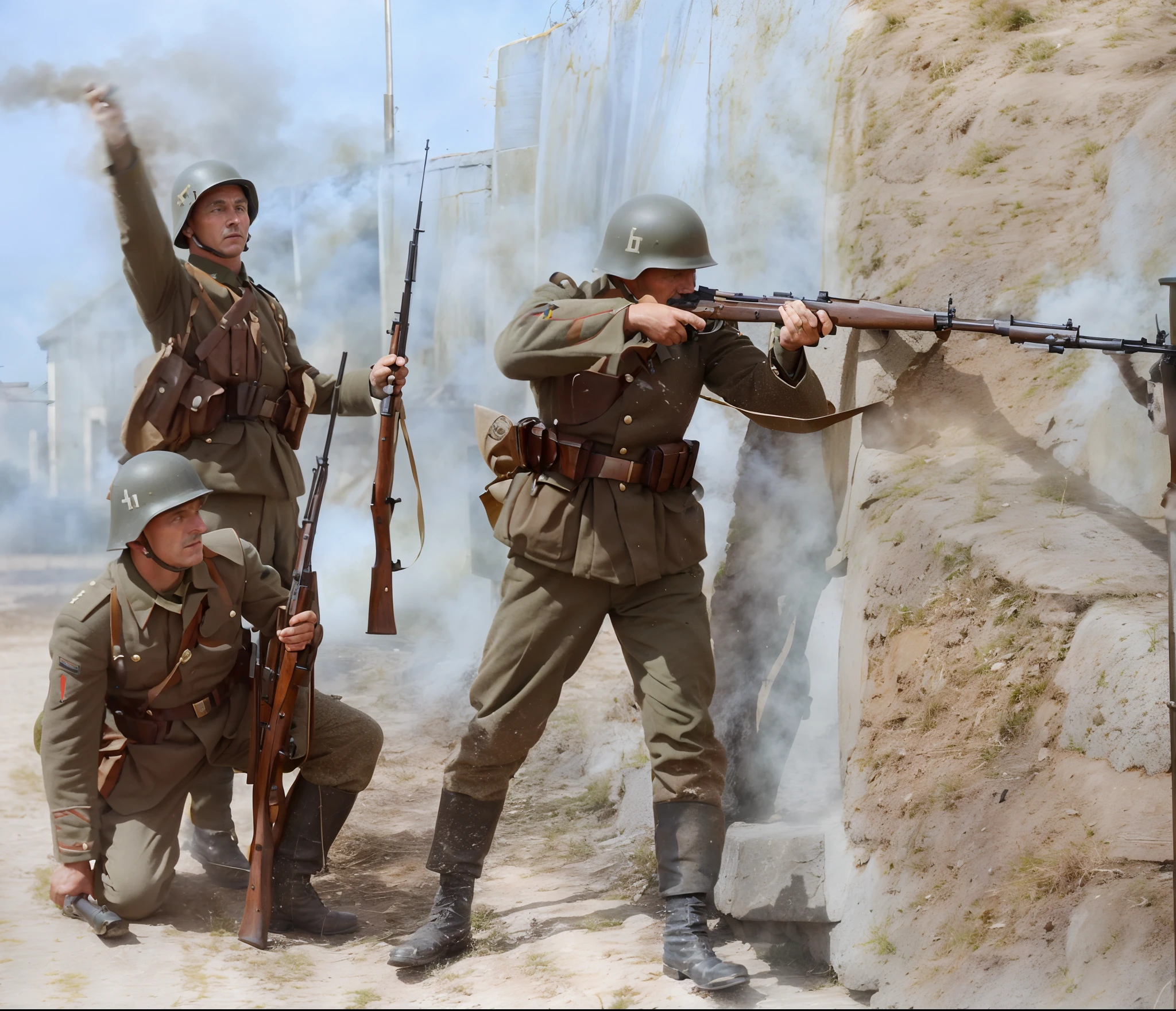 soldiers in uniforms are holding their guns and aiming at a man, german and soviet soldiers, detail, schutztruppe, soldiers charging the enemy, eastern front, ww2 historical photo, panzer, ww2, ww 2, soldiers charging in, by Ivan Lacković Croata, military art, set in ww2 germany, ww2 photo