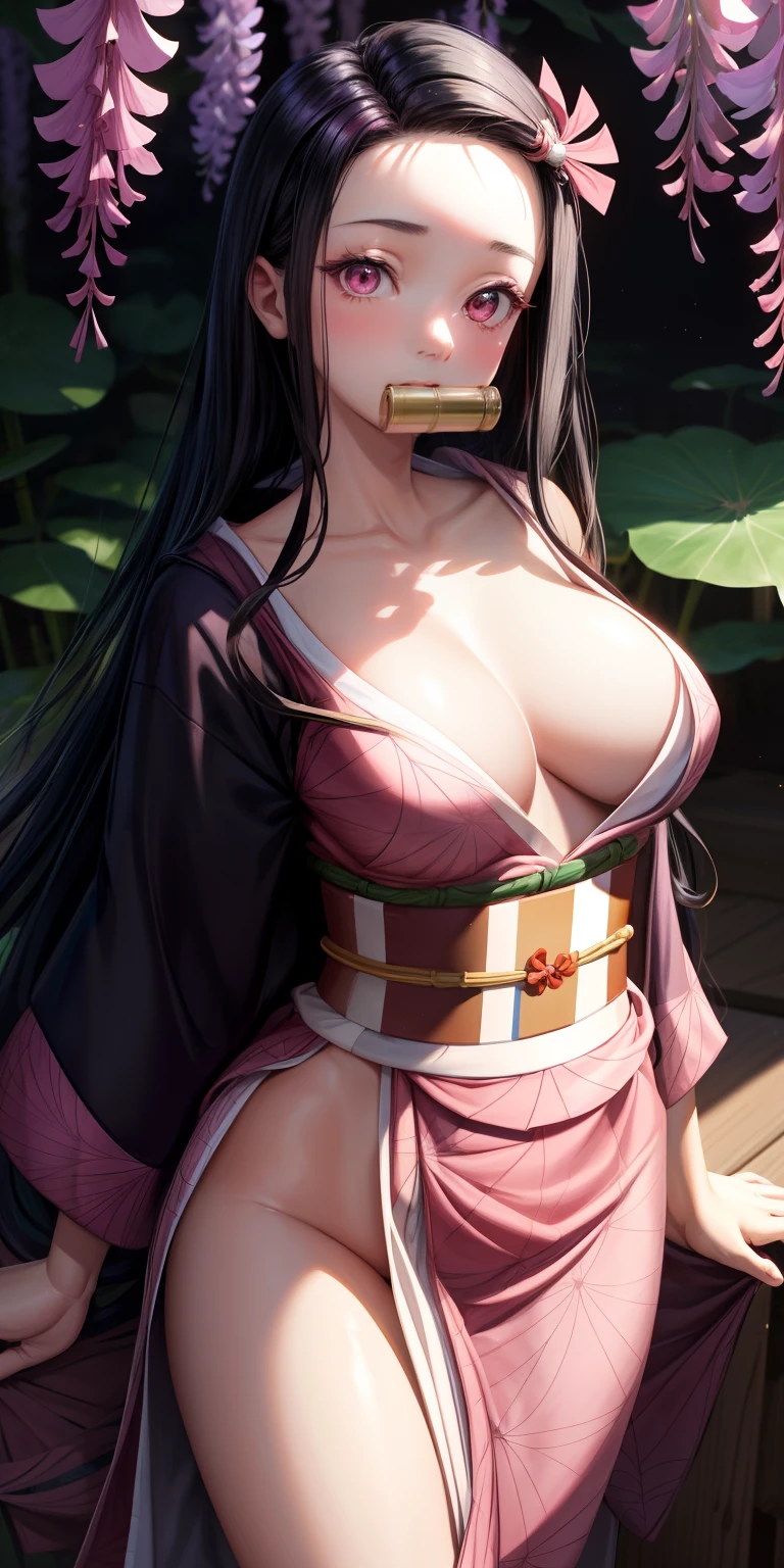 masterpiece, (pink kimono), seductive face, good lighting, décolleté, fine details, masterpiece, glowing eyes, 1girl, black hair, gag, bamboo, Nezuko Kamado, wisteria background, masterpiece, best quality, POV, whole body, wide hips,