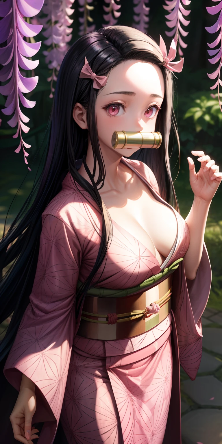 masterpiece, (pink kimono), seductive face, good lighting, décolleté, fine details, masterpiece, glowing eyes, 1girl, black hair, gag, bamboo, Nezuko Kamado, wisteria background, masterpiece, best quality, POV, whole body, wide hips,