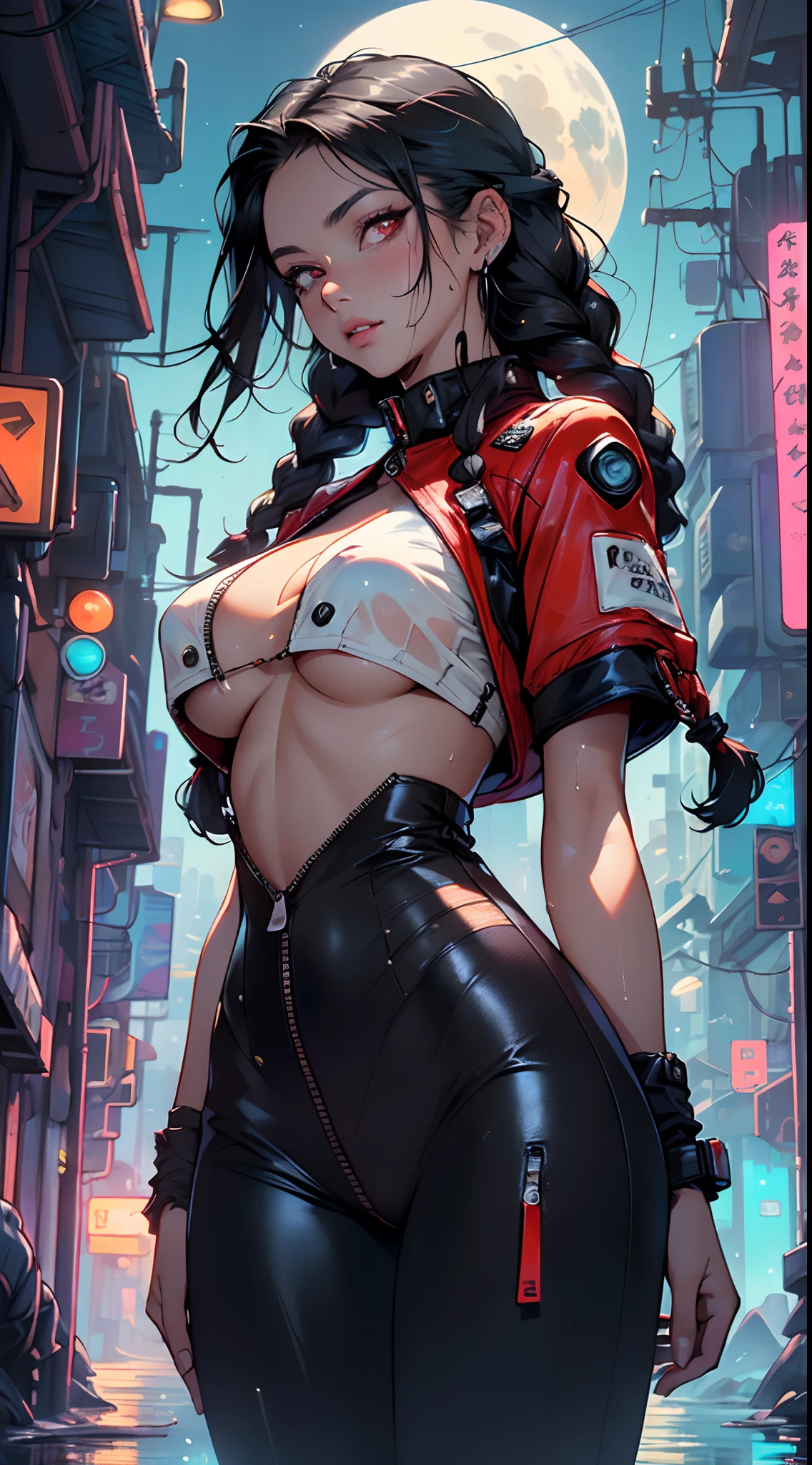 girl spacepunk,(((1girl))),((beautiful girl with spacesuit)),
(large breasts:1.4),saggy breasts,((((long twin braids,tight braids,long braid,braided hair,long hime cut,dark hair,black hair,colored inner hair)))),(((red_eyes:1.3))),intricate eyes,beautiful detailed eyes,symmetrical eyes,((fat)),(((lustrous skin:1.5,bright skin: 1.5,skin tanned,shiny skin,very shiny skin,shiny body,plastic glitter skin,exaggerated shiny skin,illuminated skin,wet legs))),(spider lower abdomen,narrow waist,wide hip,athletic body,inflated legs,detailed body,(detailed face)),((perfect feminine face)),
cute,slutty,seductive,erotic,(((nsfw))),
revealing clothing,show skin,((underboob:1.5)),(cleavage),((space suit outfit, red space suit,short sleeve spacesuit)),(wearing a space suit outfit:1.3,space suit clothes),((zipper suit, zipper slightly unzipped))),((wet clothes,intricate outfit,intricate clothes)),
(dynamic pose:1.0),solo focus,embarrassed,(centered,scale to fit dimensions,Rule of thirds),
cyberpunk city by the ocean at night, with bright neon signs and dark stormy clouds and puddles, scenery:1.25,nighttime, starry night, cosmos,Very dark night that makes the neon lights stand out, very bright neon lights,
artistic photography,(photography taken by sldr),highres, sharp focus,(ultra detailed, extremely detailed), (photorealistic artwork:1.37),(extremely detailed CG unity 8k wallpaper),((synthwave background theme)),(((vibrant colors))),intricate,(intricate background),(masterpiece),(best quality),perfect rendered face,perfect face details,realistic face,photo realistic,analog style,((intricate detail)),(((realism))),