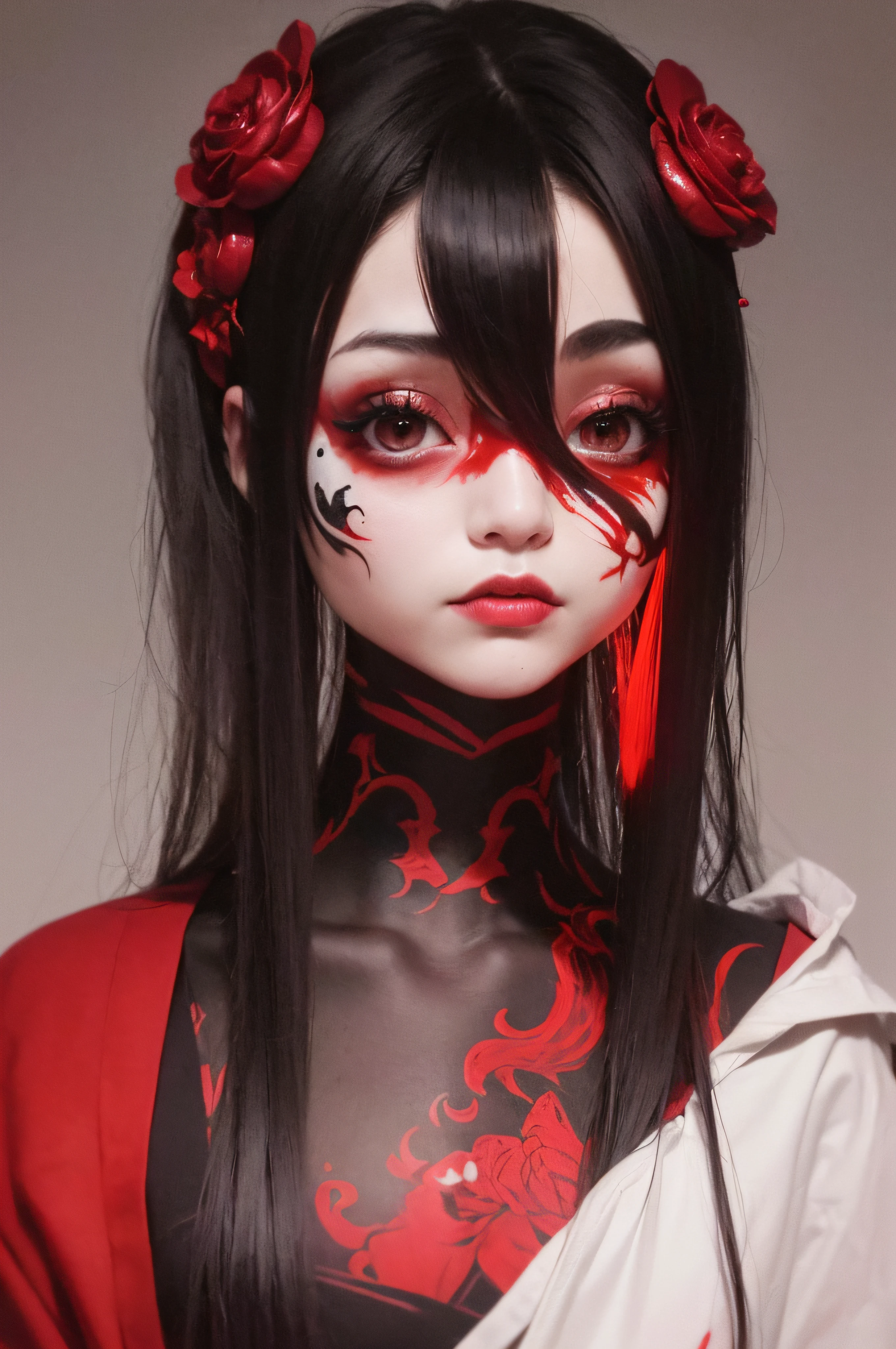 "(The best lighting, oscuro, dramatic),(feto calavera geisha escupiendo tinta roja, Cicatrices, sexy, cerebro, sangre, una rata dentro de la cabeza, terror.),(ojos rojos, calaveras). volumetric light.