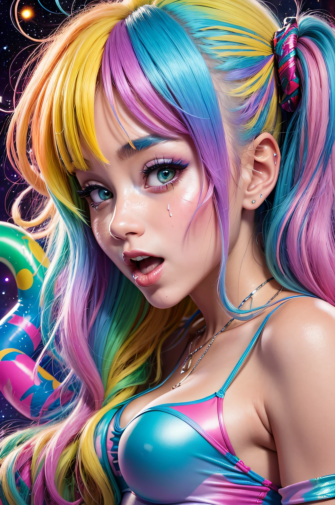 there are two women in bikinis posing for a picture, blonde girl in a cosmic dress, acid pixie, covered in slime!!, music video, y 2 k cutecore clowncore, lisa frank style, omg, profile pic, ahegao, sweaty 4 k, acid pixie acid pixie, in a lisa frank art style, slimy and hot