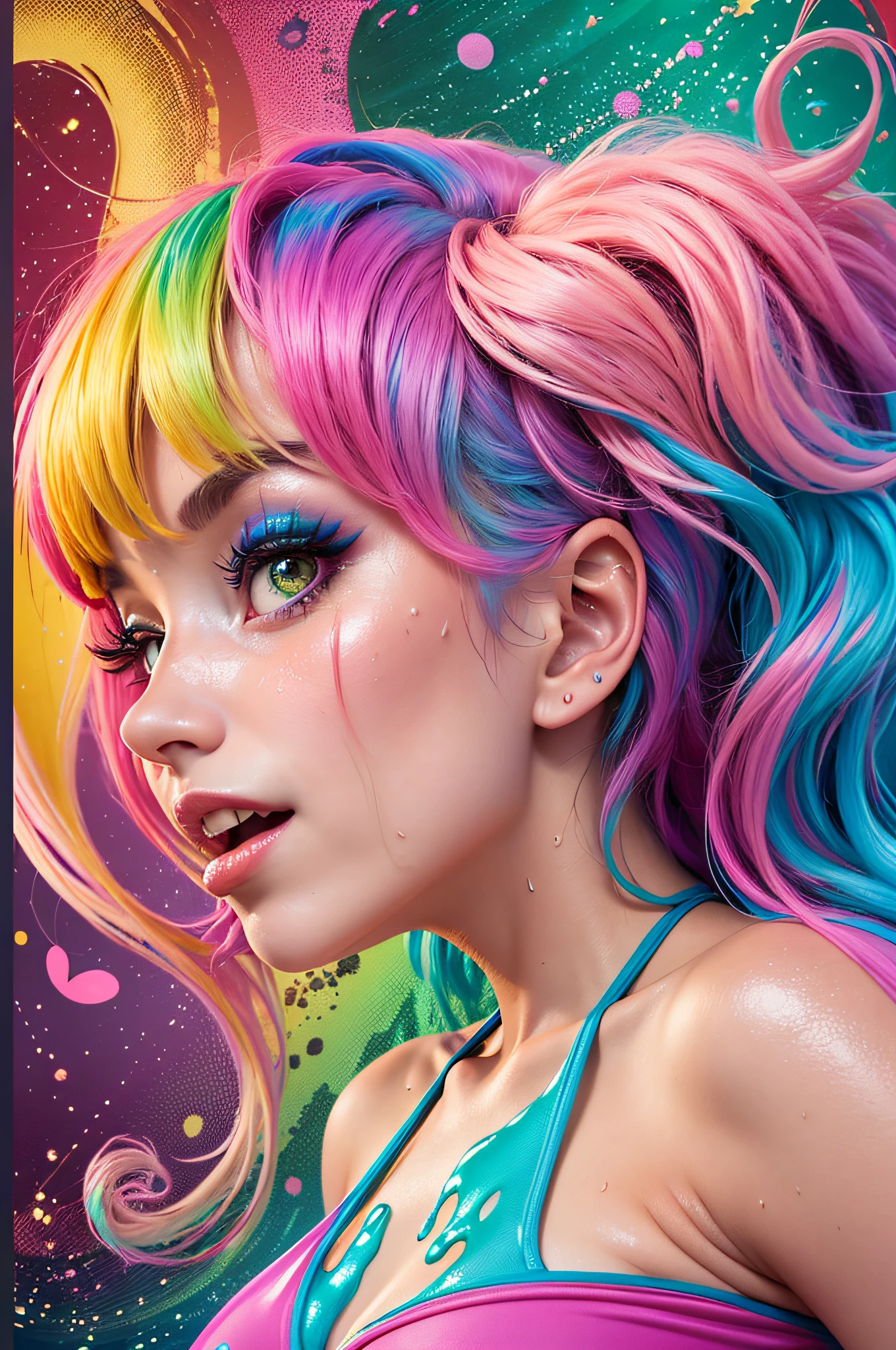 there are two women in bikinis posing for a picture, blonde girl in a cosmic dress, acid pixie, covered in slime!!, music video, y 2 k cutecore clowncore, lisa frank style, omg, profile pic, ahegao, sweaty 4 k, acid pixie acid pixie, in a lisa frank art style, slimy and hot