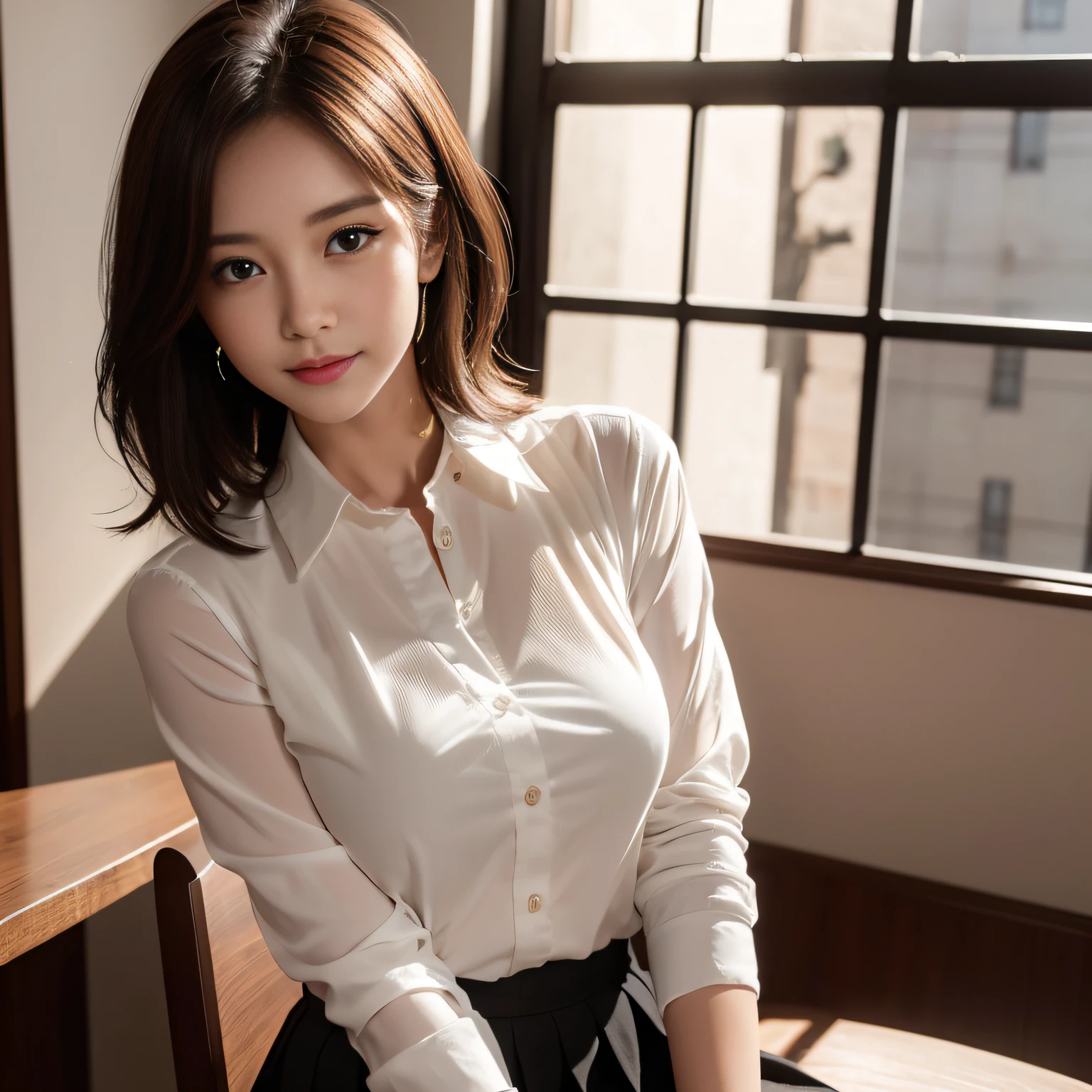 (High quality,4K,8K,hight resolution,masutepiece:1.2),Ultra-detailed,(Realistic,Photorealistic,Photorealsitic:1.37), Portraits, Beautiful detailed eyes, Beautiful detailed lips, Short hair, uniform, girl, Long hair girl in casual dress sitting in coffee shop, gesture, mare, Professional, Vibrant colors, Soft lighting, subtle shadows, Hair strands, Buttoned shirt, Pleated skirt, breezing, Stunning graceful posture, Confident expression, Expressive eyes, Curved eyelashes, subtle blush, Sparkling Highlights, Sharp details, Soft skin, Precise shading, Bright atmosphere, dynamic compositions, lifelike rendering, small round eyes, Indonesian girls, Attractive small rounded eyes shiny pink lips, Seductive cute smile, Full Portrait、tall、adult lady、女優