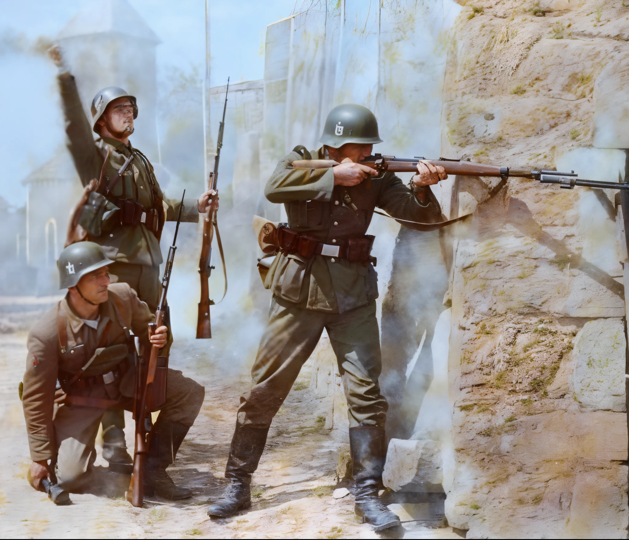 soldiers in uniforms are holding their guns and aiming at a man, german and soviet soldiers, detail, schutztruppe, soldiers charging the enemy, eastern front, ww2 historical photo, panzer, ww2, ww 2, soldiers charging in, by Ivan Lacković Croata, military art, set in ww2 germany, ww2 photo