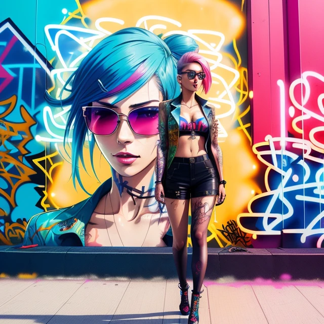 close up, full color painting of  standing cyberpunk girl, sunglasses, high heel shoes, perfect hourglass figure, perfect huge tits, (((Graffiti art) (by Carne Griffiths))), red wall background, insane details, intricate details, hyperdetailed, low contrast, soft cinematic light, dim colors, exposure blend, hdr, front, (neon light:1.4), upper body, detailed skin, detailed eyes, realistic eyes, 20 megapixel, canon eos r3, detailed skin, detailed face, (TungstenDispo:1.2), raw photo, portrait of a business woman, (style by Flora Borsi), bold, bright colours, blue Mohawk haircut, ((Flora Borsi)), dslr, dramatic lighting, high quality, film grain, Fujifilm XT3, (strong backlight:1.1), analog style (liminal space), by Syd Mead, by Andr Kertsz, by Tadao Ando