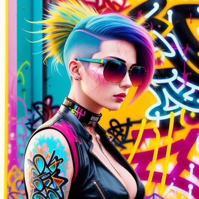close up, full color painting of  standing cyberpunk girl, sunglasses, high heel shoes, perfect hourglass figure, perfect huge tits, (((Graffiti art) (by Carne Griffiths))), red wall background, insane details, intricate details, hyperdetailed, low contrast, soft cinematic light, dim colors, exposure blend, hdr, front, (neon light:1.4), upper body, detailed skin, detailed eyes, realistic eyes, 20 megapixel, canon eos r3, detailed skin, detailed face, (TungstenDispo:1.2), raw photo, portrait of a business woman, (style by Flora Borsi), bold, bright colours, blue Mohawk haircut, ((Flora Borsi)), dslr, dramatic lighting, high quality, film grain, Fujifilm XT3, (strong backlight:1.1), analog style (liminal space), by Syd Mead, by Andr Kertsz, by Tadao Ando