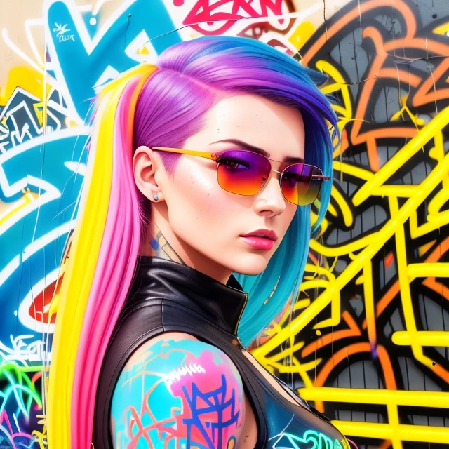 close up, full color painting of standing cyberpunk girl, sunglasses, high heel shoes, perfect hourglass figure, perfect huge tits, (((Graffiti art) (by Carne Griffiths))), red wall background, insane details, intricate details, hyperdetailed, low contrast, soft cinematic light, dim colors, exposure blend, hdr, front, (neon light:1.4), upper body, detailed skin, detailed eyes, realistic eyes, 20 megapixel, canon eos r3, detailed skin, detailed face, (TungstenDispo:1.2), raw photo, portrait of a business woman, (style by Flora Borsi), bold, bright colours, blue Mohawk haircut, ((Flora Borsi)), dslr, dramatic lighting, high quality, film grain, Fujifilm XT3, (strong backlight:1.1), analog style (liminal space), by Syd Mead, by Andr Kertsz, by Tadao Ando