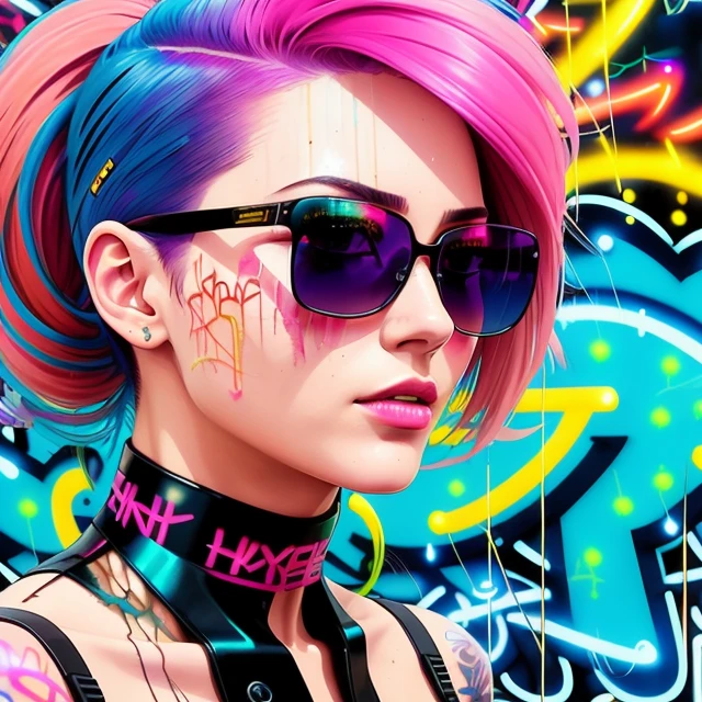 close up, full color painting of  standing cyberpunk girl, sunglasses, high heel shoes, perfect hourglass figure, perfect huge tits, (((Graffiti art) (by Carne Griffiths))), red wall background, insane details, intricate details, hyperdetailed, low contrast, soft cinematic light, dim colors, exposure blend, hdr, front, (neon light:1.4), upper body, detailed skin, detailed eyes, realistic eyes, 20 megapixel, canon eos r3, detailed skin, detailed face, (TungstenDispo:1.2), raw photo, portrait of a business woman, (style by Flora Borsi), bold, bright colours, blue Mohawk haircut, ((Flora Borsi)), dslr, dramatic lighting, high quality, film grain, Fujifilm XT3, (strong backlight:1.1), analog style (liminal space), by Syd Mead, by Andr Kertsz, by Tadao Ando