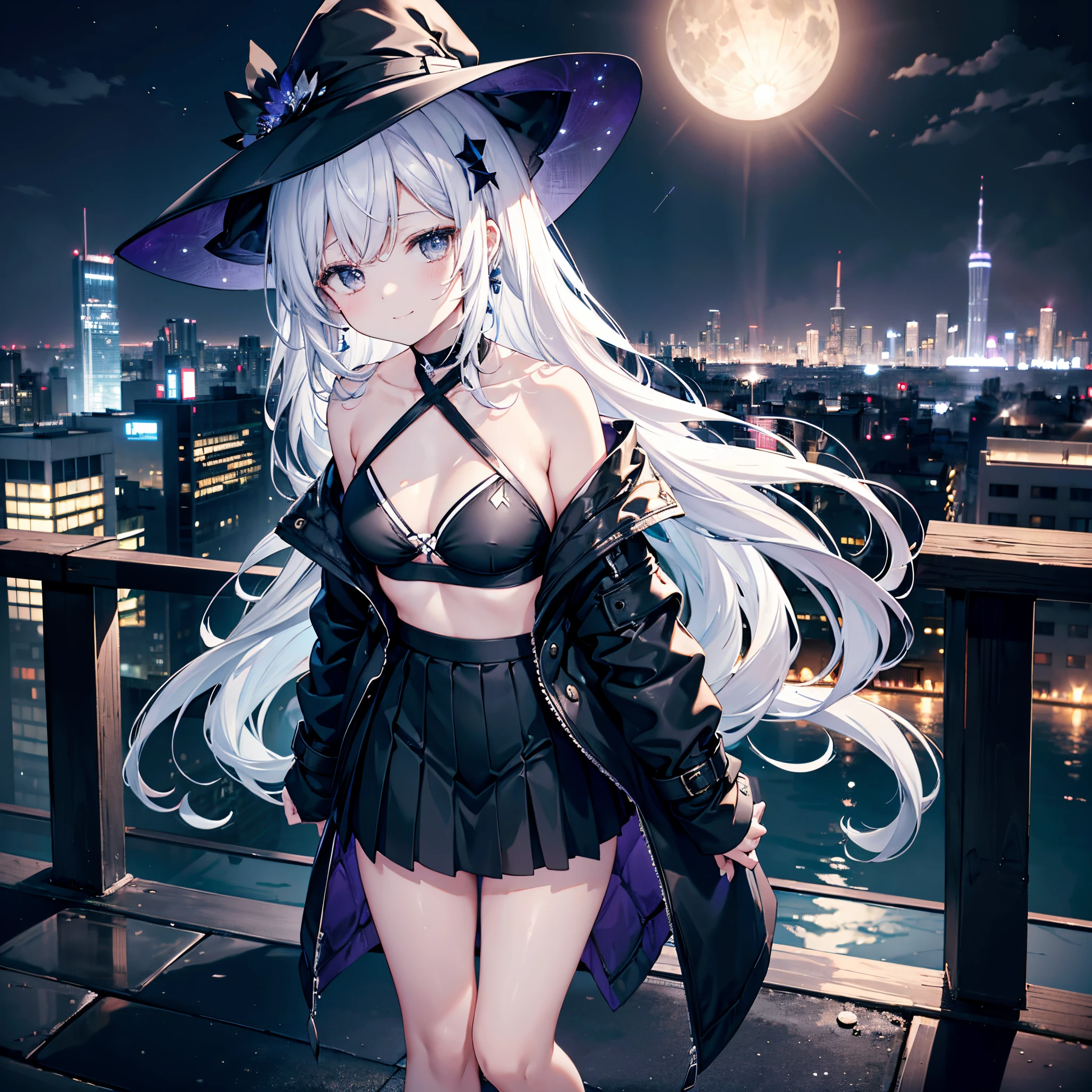 This is an open-air hot spring on the roof of a high-rise building that is higher than other buildings in the middle of the night、midnight、this is a city、You can see a lot of low buildings behind you、Photograph her from above、deep in the night、Small moon and starry sky、You can see the beautiful sea with the moonlight reflecting in the distance.、One 27-year-old woman with small breasts、She wears a large black witch hat with sapphire accessories、White medium shorthair with blue-purple mesh、Pure white lobbed hair、Dark brown eyes with highlights、She wears a white swimsuit、She wears a long black coat over a white bikini top、The front of the black long coat is open、She wears a black skirt、black knee-length box pleat skirt、Black sneakers with white shoelaces、small tits、discreet breasts、A fragile smile、hiquality、High Details、high-level image quality、4K picture quality、beatiful backgrounds,drawn by Japanese ilastrator