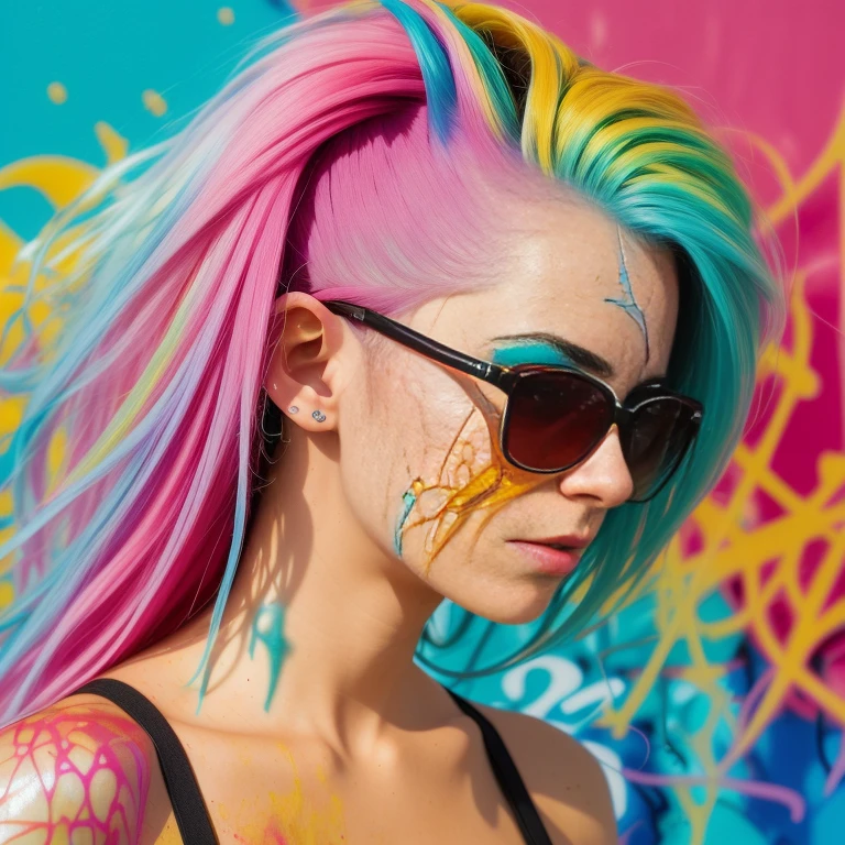 close up, nsfw, Colorful painting of cyberpunk girl standing, sunglasses, figura de ampulheta perfeita, seios enormes perfeitos, (((Graffiti art), nsfw, (por Carne Griffiths))), fundo de parede vermelho, detalhes insanos, detalhes intrincados, hiperdetalhado, baixo contraste, soft  Cinematic Light, cores escuras, exposure blending, hdr, frente, (luz neon: 1.4), parte superior do corpo, pele detalhada, olhos detalhados, olhos realistas, 20 megapixel,  canon eos r3, pele detalhada, rosto detalhado, (TungstenDispo:1.2), foto crua, Portrait of a businesswoman, (estilo de Flora Borsi), cores brilhantes e ousadas, corte de cabelo azul Mohawk, ((Flora Borsi)), dslr, lighting dramatic, alta qualidade, grain of film, Fujifilm XT3, (luz de fundo forte: 1.1), analogue style (liminal space), por Syd Mead, por Andr Kertsz, por Tadao Ando