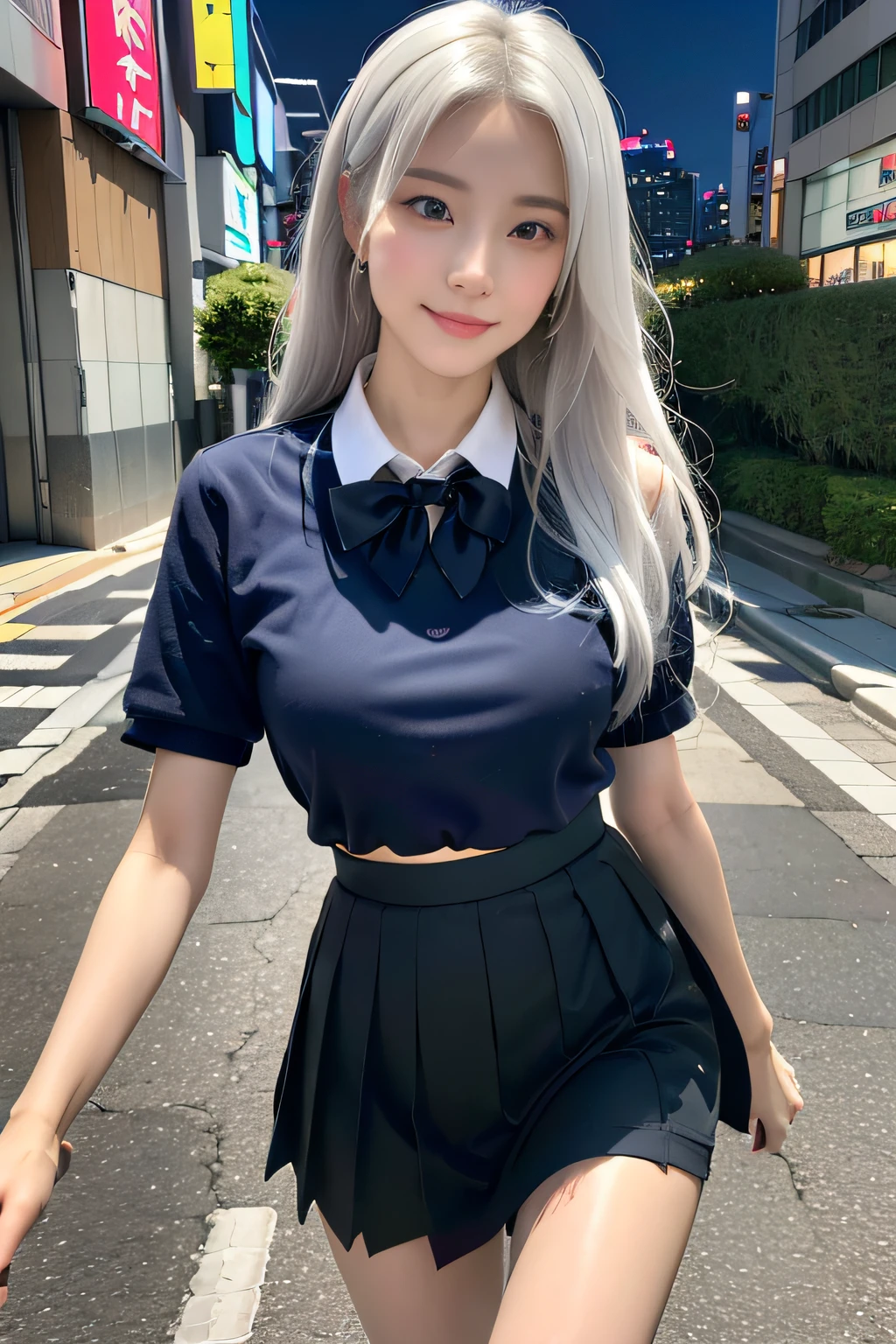 (8k, RAW photo, best quality, mastery:1.3), (realistic, photo-realistic:1.37), (looking viewer:1.331), (white hair), posing, Tokyo street, nightcityscape, cyberpunk city, soft light, 1girl, extremely beautiful face , Perfect body proportions, (small face: 1.1), bust, casual hairstyle, smile, big eyes, (short sleeves JK_shirt), JK_style, (navy JK_skirt), (bow JK_tie), mix4, detailed eyes
