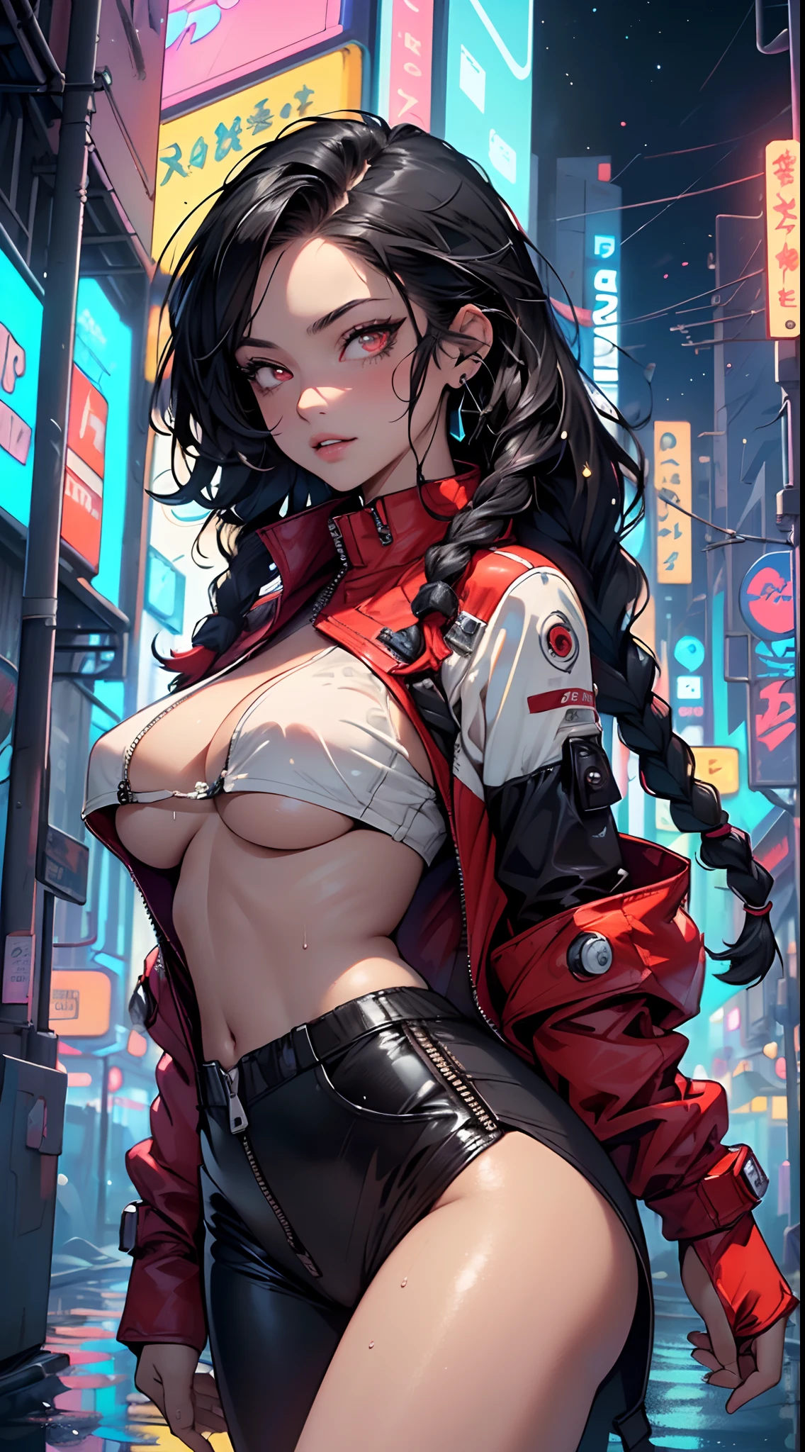 girl spacepunk,(((1girl))),((beautiful girl with spacesuit)),

(large breasts:1.4),saggy breasts,((((long twin braids,tight braids,long braid,braided hair,long hime cut,dark hair,black hair,colored inner hair)))),(((red_eyes:1.3))),intricate eyes,beautiful detailed eyes,symmetrical eyes,((fat)),(((lustrous skin:1.5,bright skin: 1.5,skin tanned,shiny skin,very shiny skin,shiny body,plastic glitter skin,exaggerated shiny skin,illuminated skin,wet legs))),(spider lower abdomen,narrow waist,wide hip,athletic body,inflated legs,detailed body,(detailed face)),((perfect feminine face)),


cute,slutty,seductive,erotic,(((nsfw))),

revealing clothing,show skin,((underboob:1.5)),(cleavage),((space suit outfit, red space suit,short sleeve spacesuit)),(wearing a space suit outfit:1.3,space suit clothes),((zipper suit, zipper slightly unzipped))),((wet clothes,intricate outfit,intricate clothes)),

(dynamic pose:1.0),solo focus,embarrassed,(centered,scale to fit dimensions,Rule of thirds),

cyberpunk city by the ocean at night, with bright neon signs and dark stormy clouds and puddles, scenery:1.25,nighttime, starry night, cosmos,Very dark night that makes the neon lights stand out, very bright neon lights,

artistic photography,(photography taken by sldr),highres, sharp focus,(ultra detailed, extremely detailed), (photorealistic artwork:1.37),(extremely detailed CG unity 8k wallpaper),((synthwave background theme)),(((vibrant colors))),intricate,(intricate background),(masterpiece),(best quality),perfect rendered face,perfect face details,realistic face,photo realistic,analog style,((intricate detail)),(((realism))),