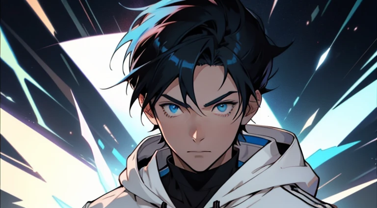 Anime boy with blue eyes and black hair in a white jacket, tall anime man with blue eyes, 2 d anime style, trigger anime art style, young anime man, Anime Boy, anime moe art style, male anime characters, Official Character Art, Key Anime Art, 2 D Anime, hero 2 d fanart artsation, High quality anime art style, Male anime style, male people、White hoodie、Blue eyes、Blue mesh々Black hair that went into、Sharp eyes、20yr old、Wearing blue headphones、twinks、short-haired, No.001 and 8K on the hood, Solo!!, Digital space, top-quality,