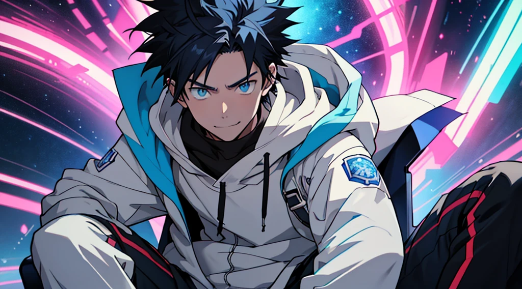 Anime boy with blue eyes and black hair in a white jacket, tall anime man with blue eyes, 2 d anime style, trigger anime art style, young anime man, Anime Boy, anime moe art style, male anime characters, Official Character Art, Key Anime Art, 2 D Anime, hero 2 d fanart artsation, High quality anime art style, twinks、White hoodie、Blue eyes、Blue mesh々Black hair that went into、Sharp eyes、20yr old、Wearing blue headphones、short-haired, No.001 and 8K on the hood, Solo!!, Digital space, top-quality,(masutepiece, Best Quality), 1boy, younge boy,Flat chin,is shy,ssmile,looking at viewert,Sitting in a chair,neon light,Colorful light effect,Fluorescence effect, cyber space, Upper body portrait, Solo!!