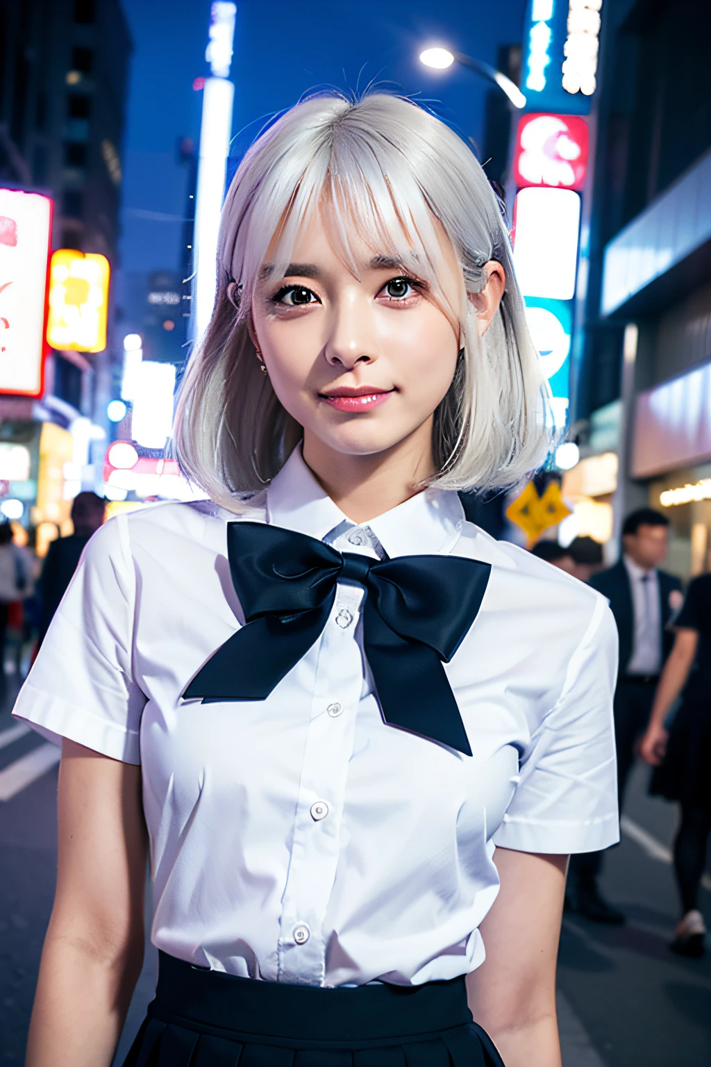(8k, RAW photo, best quality, mastery:1.3), (realistic, photo-realistic:1.37), (looking viewer:1.331), (white hair), posing, Tokyo street, nightcityscape, cyberpunk city, soft light, 1girl, extremely beautiful face , Perfect body proportions, (small face: 1.1), bust, casual hairstyle, smile, big eyes, (short sleeves JK_shirt), JK_style, (navy JK_skirt), (bow JK_tie), mix4, detailed eyes