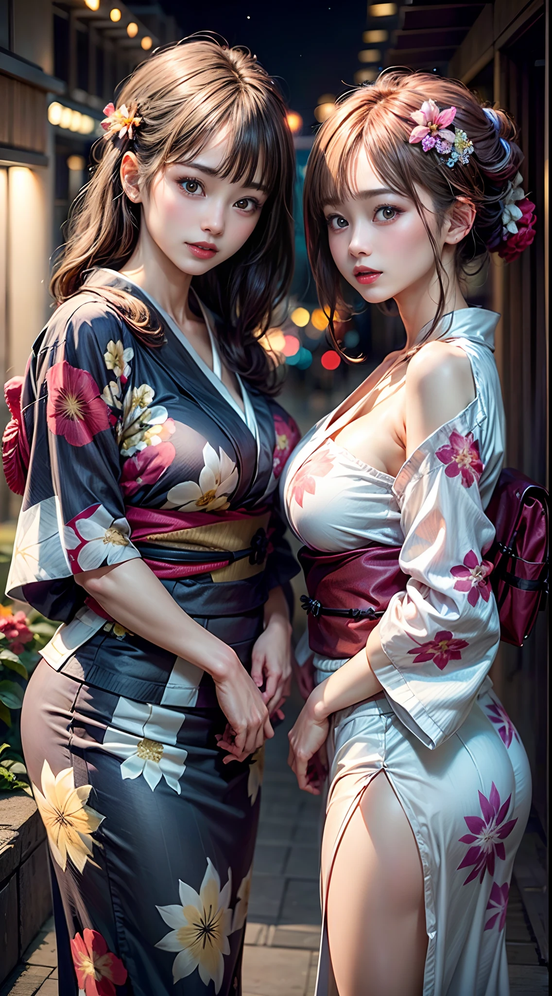 (2girls:1.5), Beautiful girl of the highest grade, Open mouth slightly, Realistic, extremely detailed CG unified 8k wallpaper, ighly detailed, High-definition raw color photos, professional photograpy, Realistic portrait, Cinematic Light, Beautiful detailed,  (Bare shoulders), (Floral yukata:1.5), bared  chest, Outdoors, Night, (Best Quality:1.4), Super Detail, High quality, masutepiece