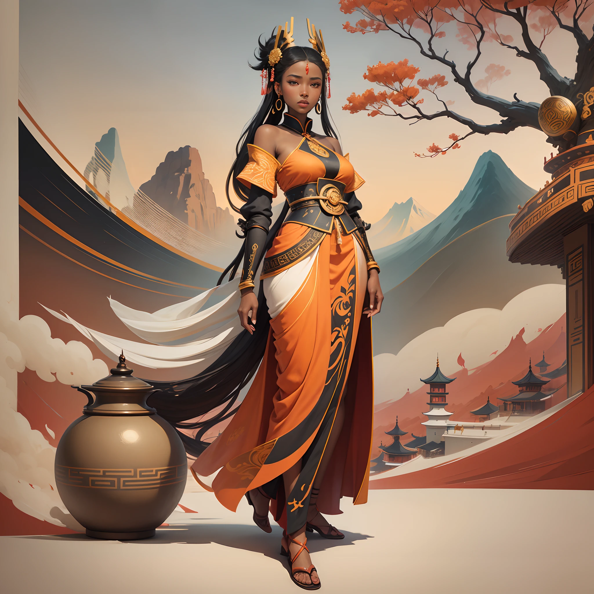 Minimalist Song dynasty mural by Alessandro Gottardo, Dream of Red clouds blended with beautiful African woman dressed in Nubian clothes,  majestic view filled with warmth and happiness,Heian period, Zen, dark orange and light beige style, enigmatic figures, elegant cityscape, historical painting, super fine detail, monumental mural,Fine brushwork style, new Chinese style, aesthetic conception, Eastern aesthetics, landscape painting --auto --s2