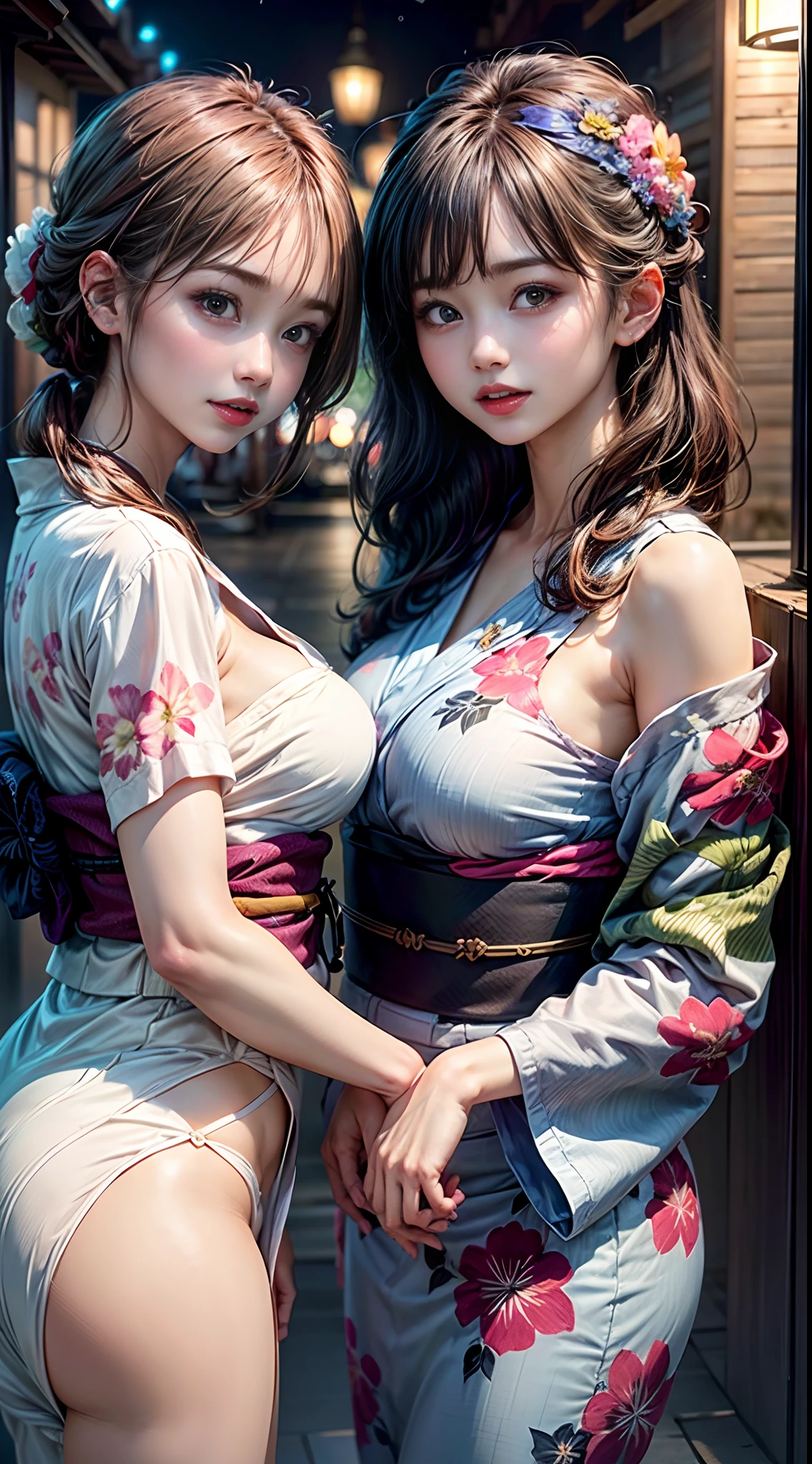 (2girls:1.5), Beautiful girl of the highest grade, Open mouth slightly, Realistic, extremely detailed CG unified 8k wallpaper, ighly detailed, High-definition raw color photos, professional photograpy, Realistic portrait, Cinematic Light, Beautiful detailed, (Bare shoulders), (Floral yukata:1.5), bared chest, Outdoors, Night, (Best Quality:1.4), Super Detail, High quality, masutepiece