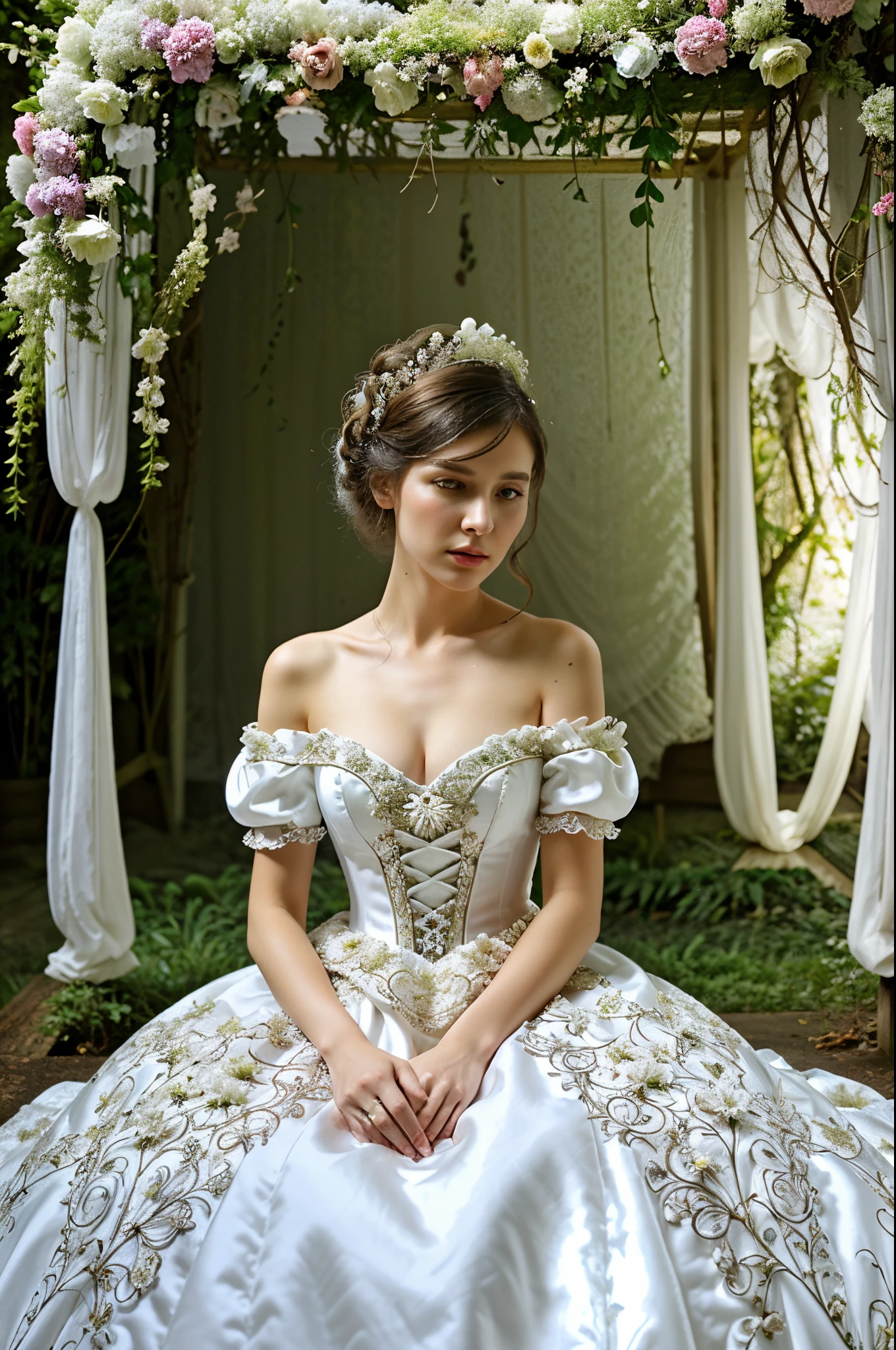 a woman in a white dress sitting on a bed of flowers, intricate fantasy dress, dress in the style of rococo, fantasy long intricate gown, ethereal fairytale, intricate costume design, an intricate dress, elegant baroque, rococo cyberpunk, floral couture, fantasy dress, in a whimsical fairytale forest, intricate gown, intricate victorian dress, style of julia razumova