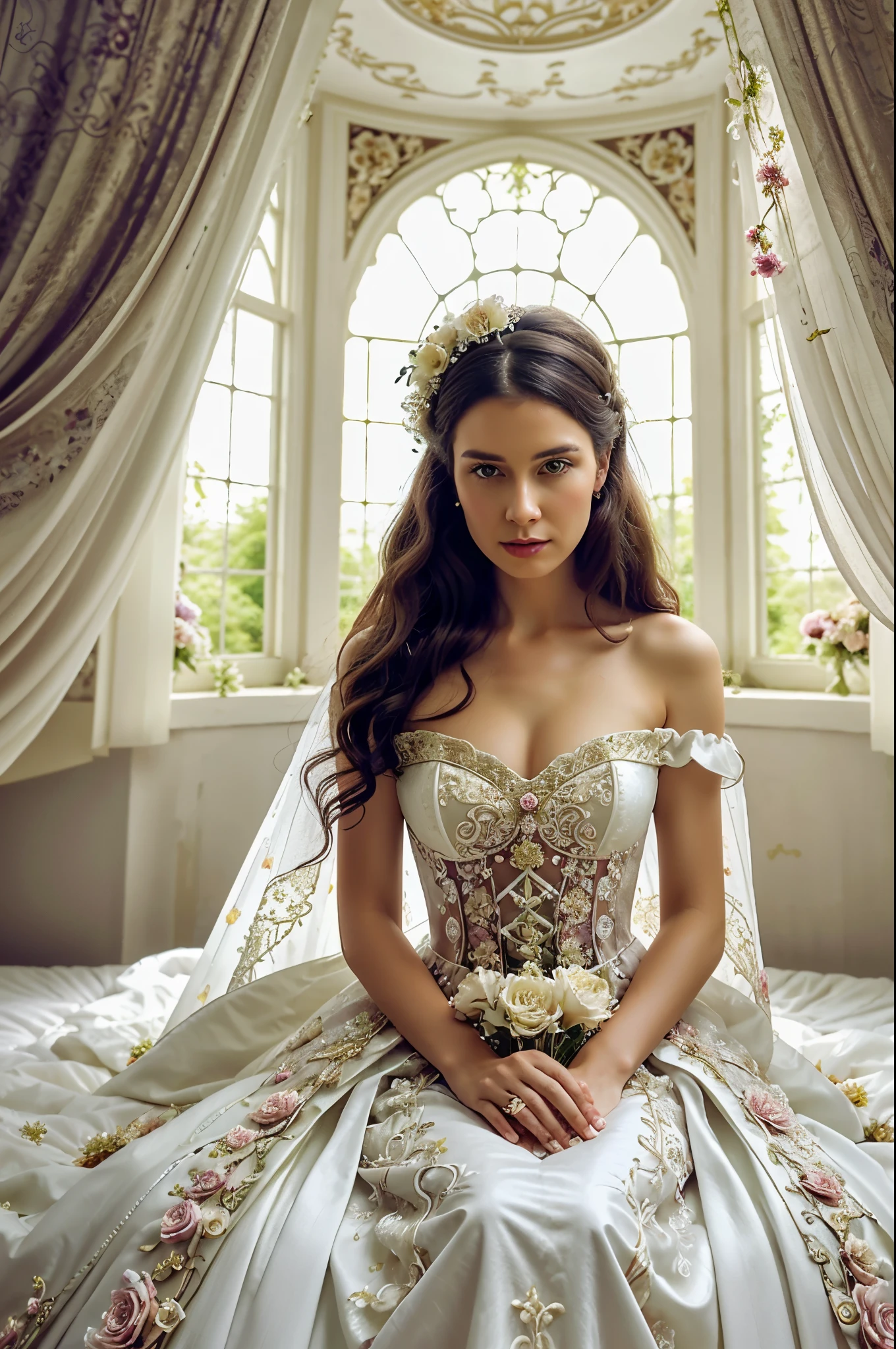 a woman in a white dress sitting on a bed of flowers, intricate fantasy dress, dress in the style of rococo, fantasy long intricate gown, ethereal fairytale, intricate costume design, an intricate dress, elegant baroque, rococo cyberpunk, floral couture, fantasy dress, in a whimsical fairytale forest, intricate gown, intricate victorian dress, style of julia razumova
