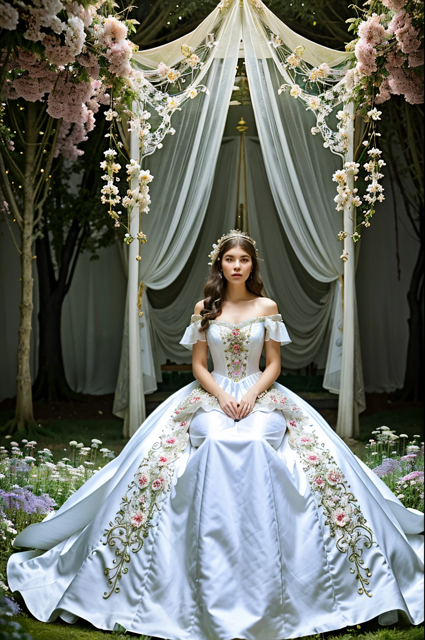 a woman in a white dress sitting on a bed of flowers, intricate fantasy dress, dress in the style of rococo, fantasy long intricate gown, ethereal fairytale, intricate costume design, an intricate dress, elegant baroque, rococo cyberpunk, floral couture, fantasy dress, in a whimsical fairytale forest, intricate gown, intricate victorian dress, style of julia razumova