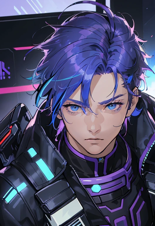 (best quality, high resolution, hyper detailed, 4k, masterpiece), original character, 1 boy, (short blue hair, streaked purple hair, futuristic combat uniform, detailed light blue eyes), cyberpunk, stylish