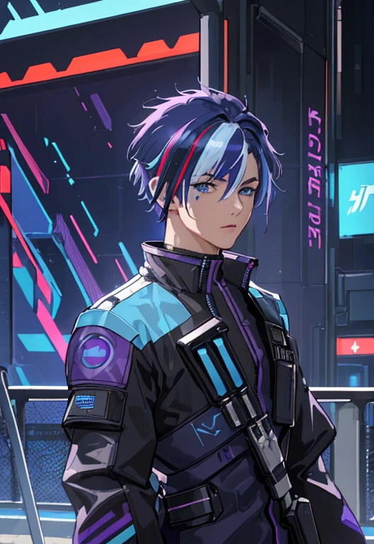 (best quality, high resolution, hyper detailed, 4k, masterpiece), original character, 1 boy, (short blue hair, streaked purple hair, futuristic combat uniform, detailed light blue eyes), cyberpunk, stylish