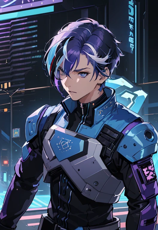 (best quality, high resolution, hyper detailed, 4k, masterpiece), original character, 1 boy, (short blue hair, streaked purple hair, futuristic combat uniform, detailed light blue eyes), cyberpunk, stylish