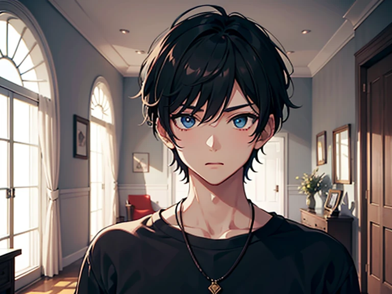 One boy looked surprised,Black color hair,blue color eyes,Handsome,inside the house,Illustration anime style,Dark 4K, hyper HD, Masterpiece