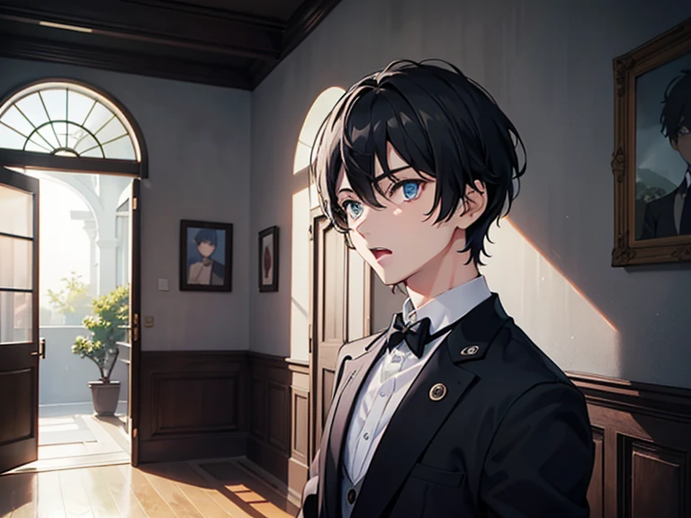 One boy looked surprised，Black color hair，blue color eyes，Handsome，inside the house，Illustration anime style，Dark 4K, hyper HD, Masterpiece