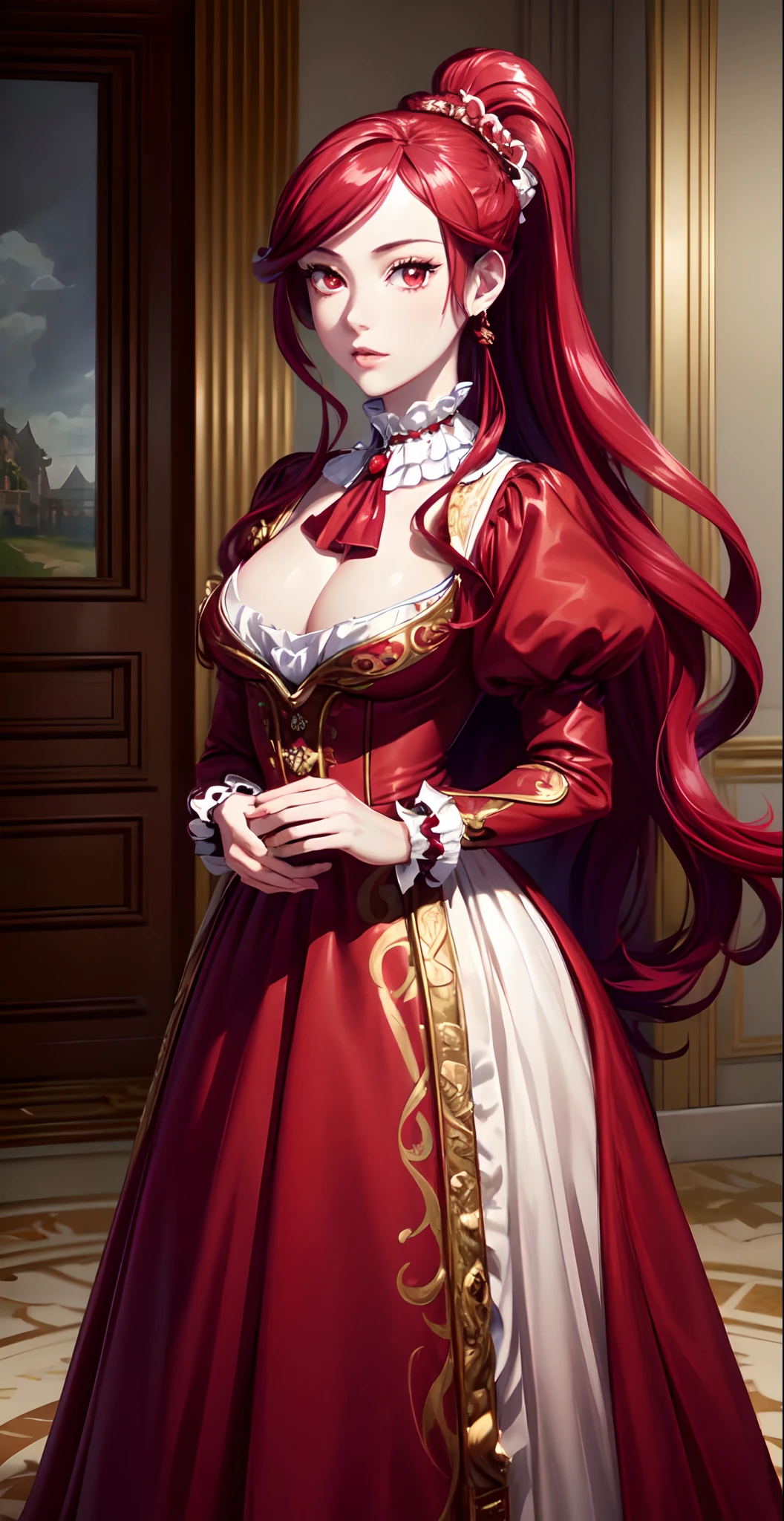 Semi realistic, (masterpiece), best quality, 1girl, (full body:1.2), exquisite skin, (detailed eyes:1.3), (glossy lips), lip gloss, (red eyes:1.3), long hair, (high ponytail), red hair, hair ornament, (beautiful rococo dress), 19th century dress