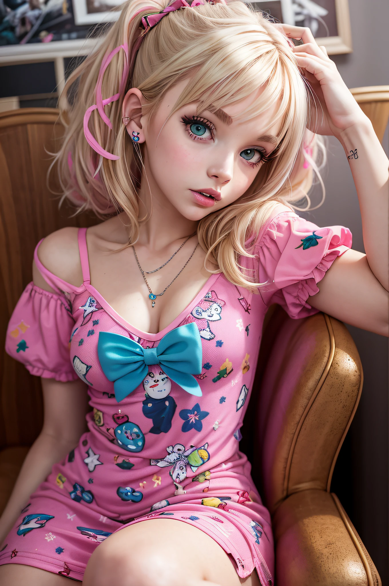 blond haired girl 18yrs old, flashg underwear , in pink dress sitting on a chair with stuffed animals, still from a music video, decora inspired, e-girl, e - girl, ahegao, y 2 k cutecore clowncore, music video, cooky, looks like britney spears, sitting in her room, decora inspired illustrations, acid pixie