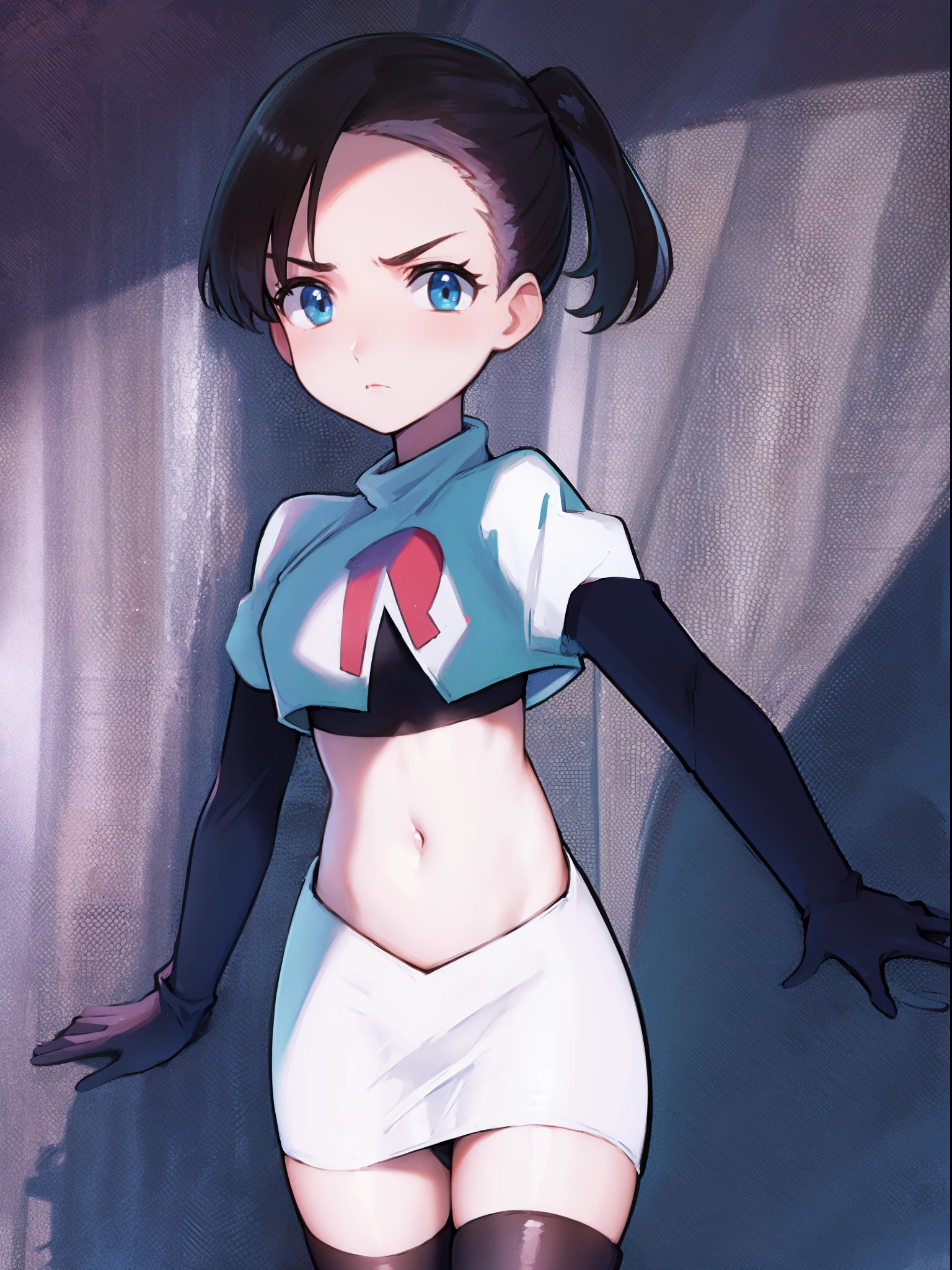 pokemonmarnie,team rocket,team rocket uniform,white skirt,crop top,black thigh-high boots,black elbow gloves,