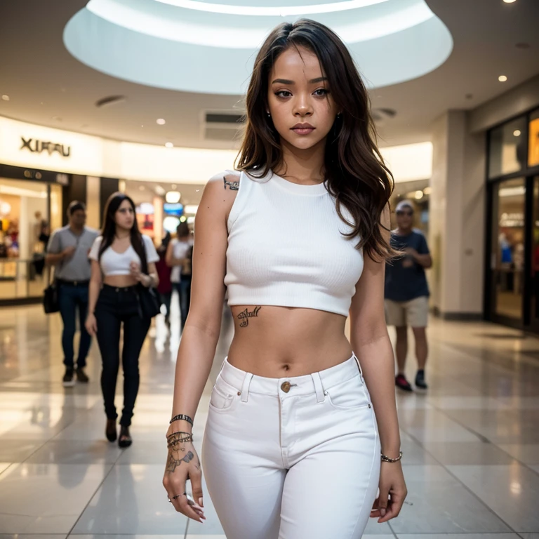 Amazingly attractive Indian girl with blonde hair walking in a mall wearing jeans and a trendy white top, Fujifilm XT3 grain, award winning photo, best quality, masterpiece, best quality image, Ultra-detailed skin, Beautiful Eyes ((Rihanna ))