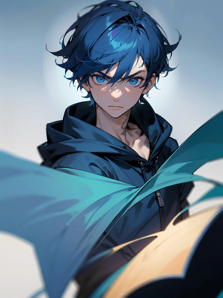 1boy, short dark blue hair, dark blue eyes, wearing a dark blue hoodie, serious, upper body shot, absurdres, high res, ultrasharp, 8k, masterpiece