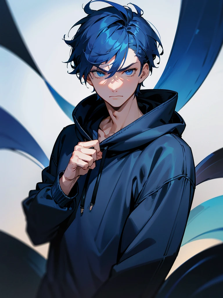 1boy, short dark blue hair, dark blue eyes, wearing a dark blue hoodie, serious, upper body shot, absurdres, high res, ultrasharp, 8k, masterpiece