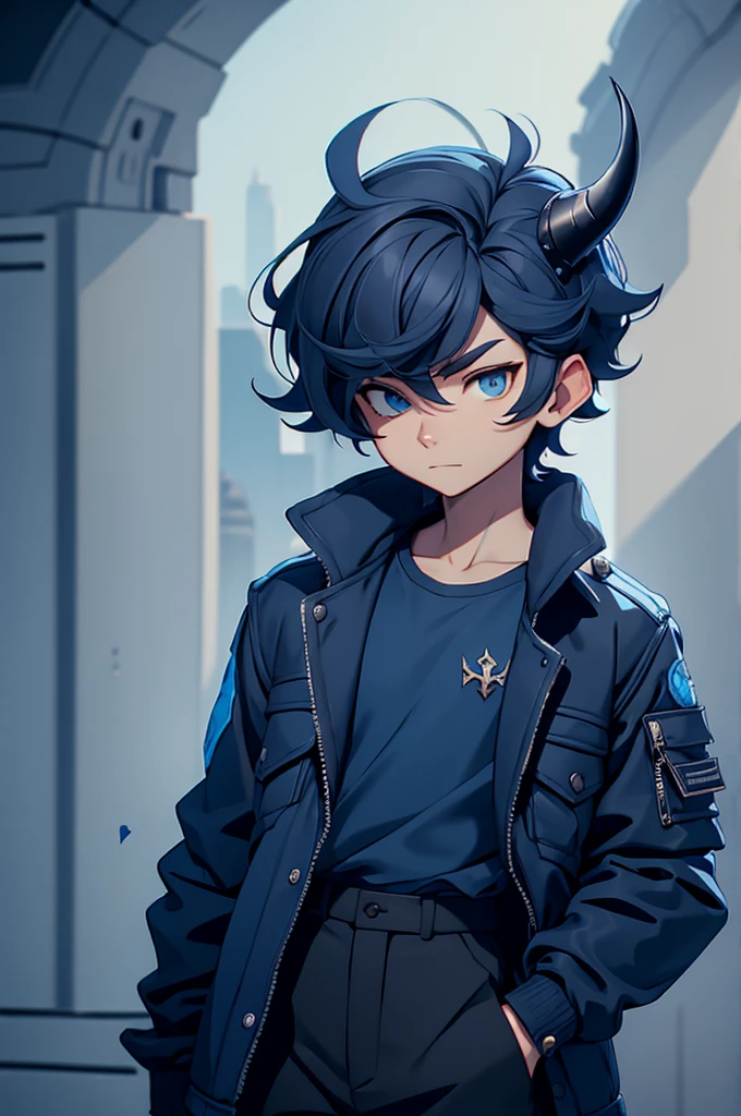 boy, blue shirt, black jacket, black pants, dragon horns
