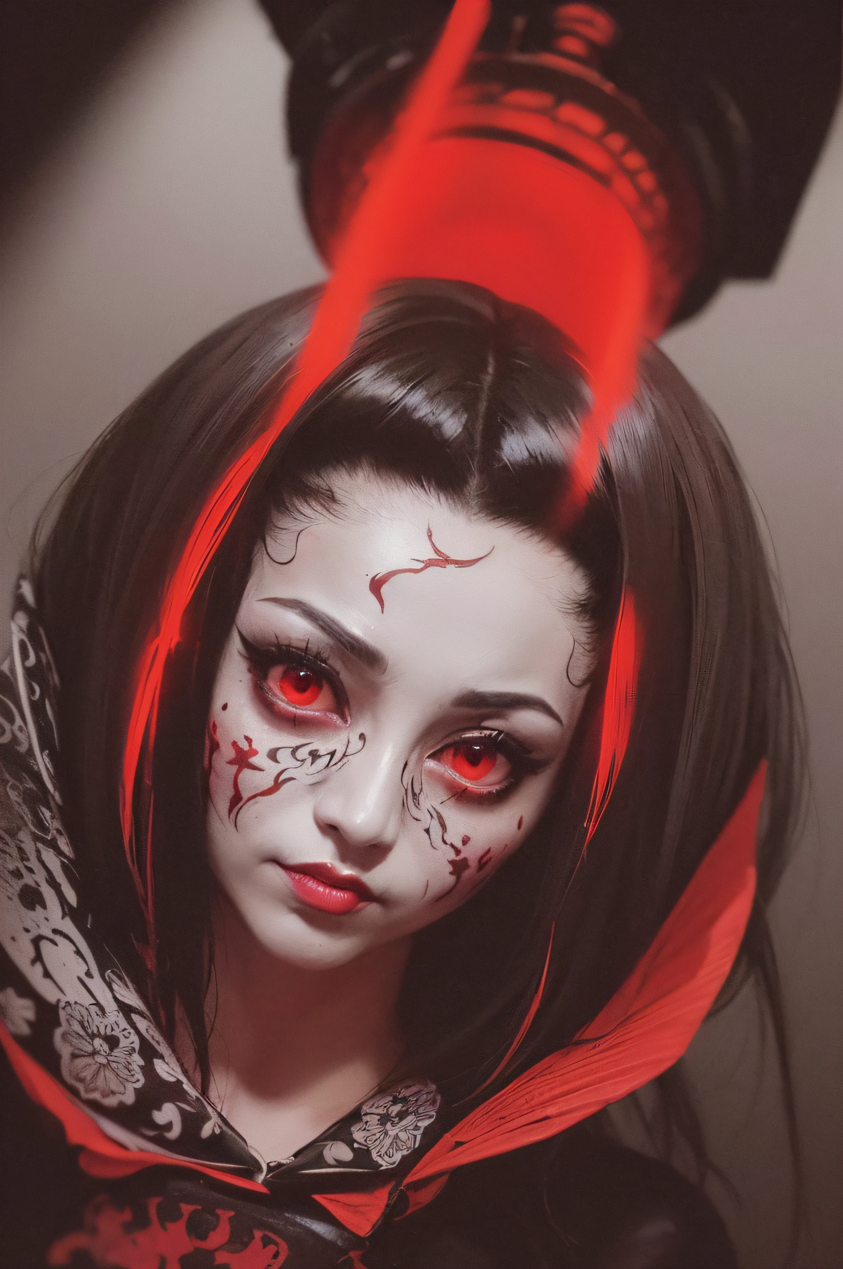 "(The best lighting, oscuro, dramatic),(feto calavera geisha escupiendo tinta roja, Cicatrices, sexy, cerebro, sangre, una rata dentro de la cabeza, terror.),(ojos rojos, calaveras). volumetric light.