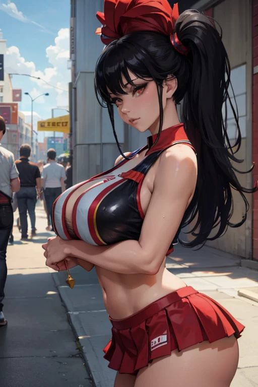 1 girl, giant tits, cheerleader, high school costumes, wet, slutty face, long hair, black hair, flirty, red eyes
