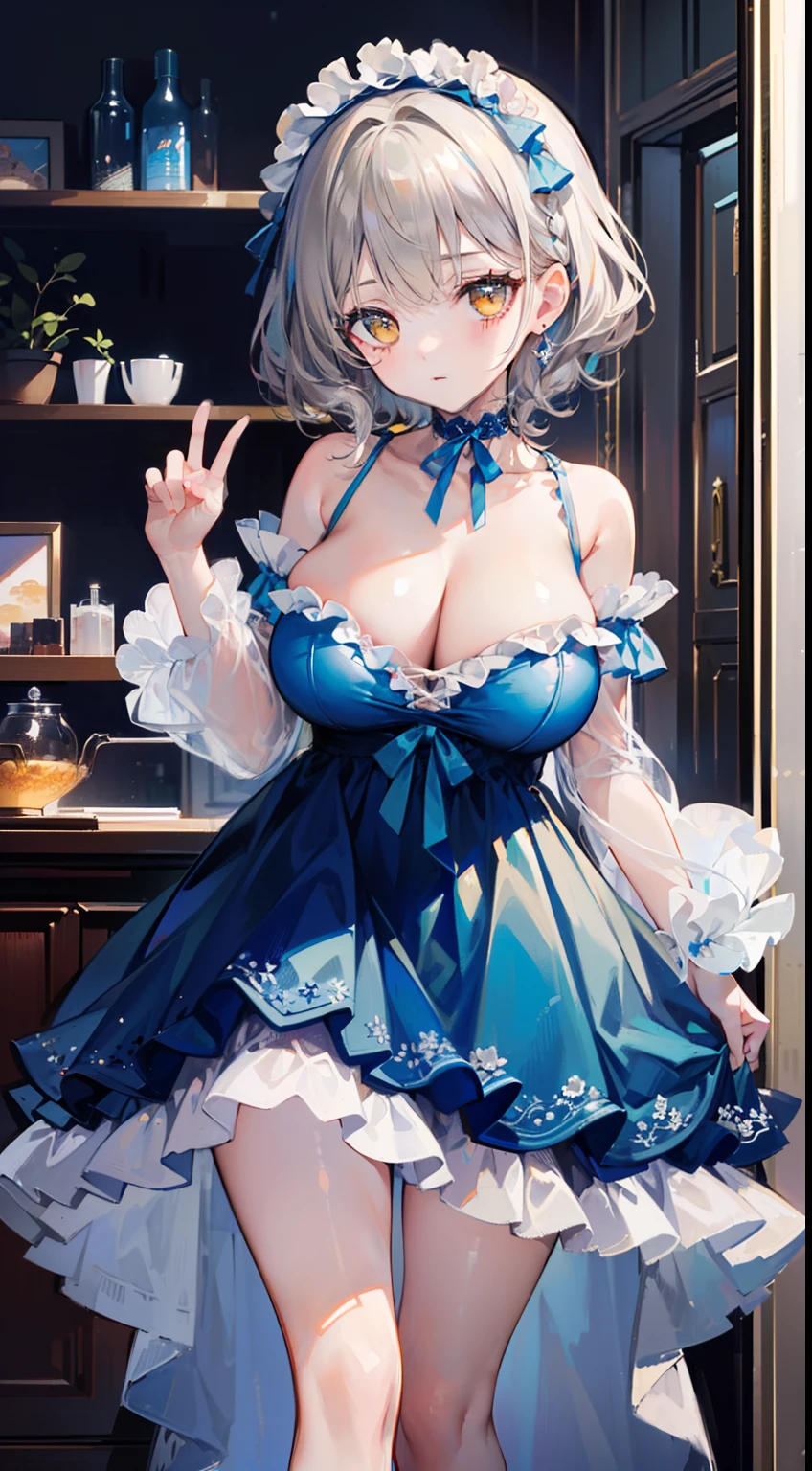(top-quality、masterpiece、high-level image quality、Super delicate)、((a beauty girl))、(smooth dull gray hair)、(curly short hair、Long bangs)、(Braided hair)Yellow eyes like a brilliant sunset、Black Choker、Moderately large breasts、((Super obscene blue frill dress costume))
