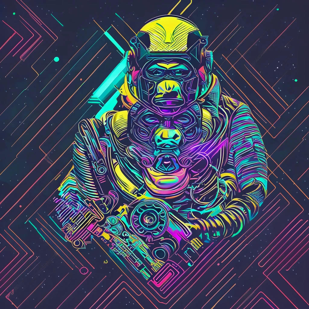 Uma figura de macaco dj futurista, com luzes nos olhos, Cercado pelo design de camiseta Vector VibraPrint Ready, Cyberpunk monkey illustration, side view, vetor profissional, design de camisetas, grafity, vibrante nt futurista paisagem urbana.