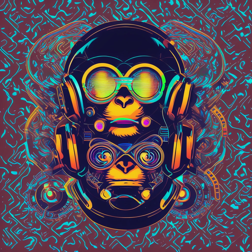 Uma figura de macaco dj futurista, com luzes nos olhos, Cercado pelo design de camiseta Vector VibraPrint Ready, Cyberpunk monkey illustration, side view, vetor profissional, design de camisetas, grafity, vibrante nt futurista paisagem urbana.